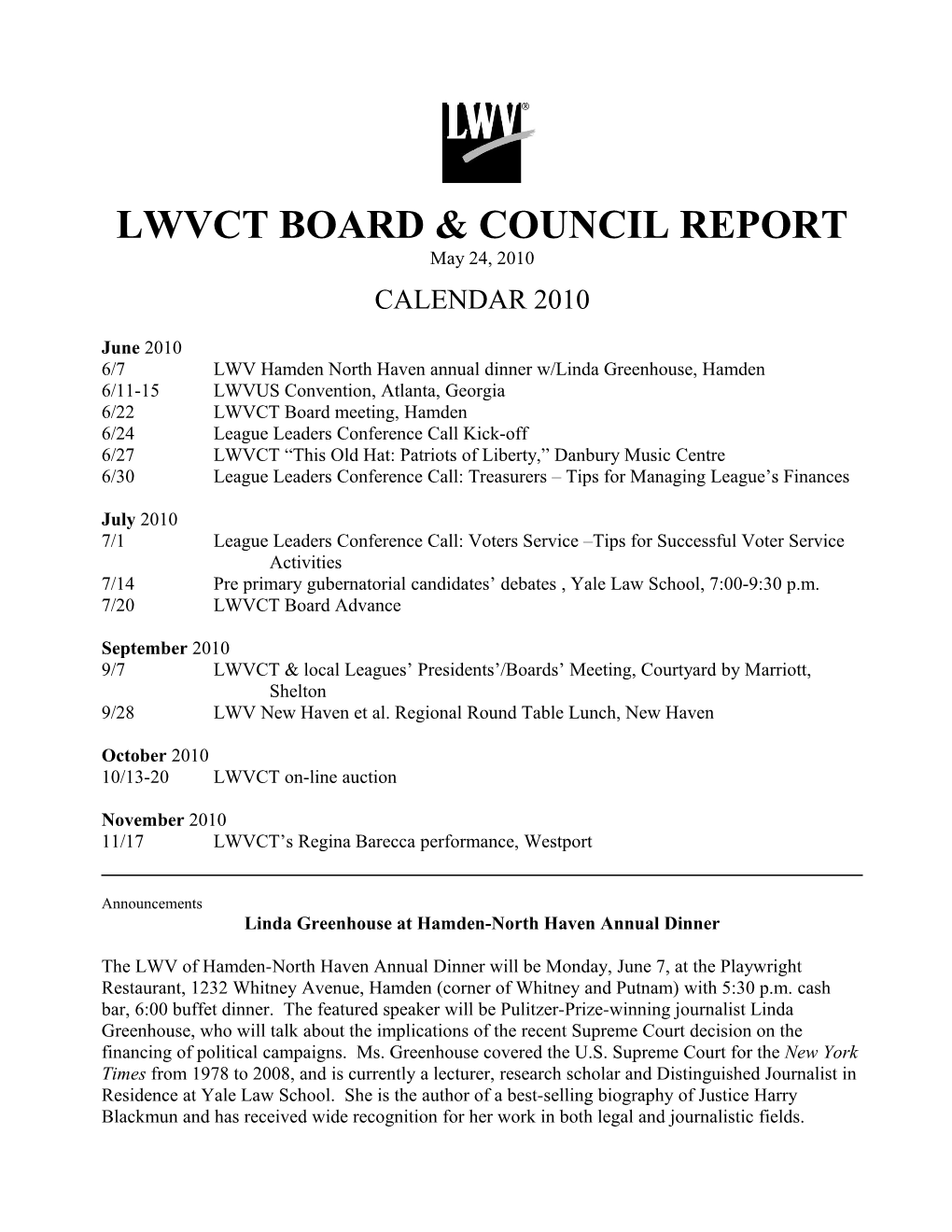 Lwvct Board & Council Report