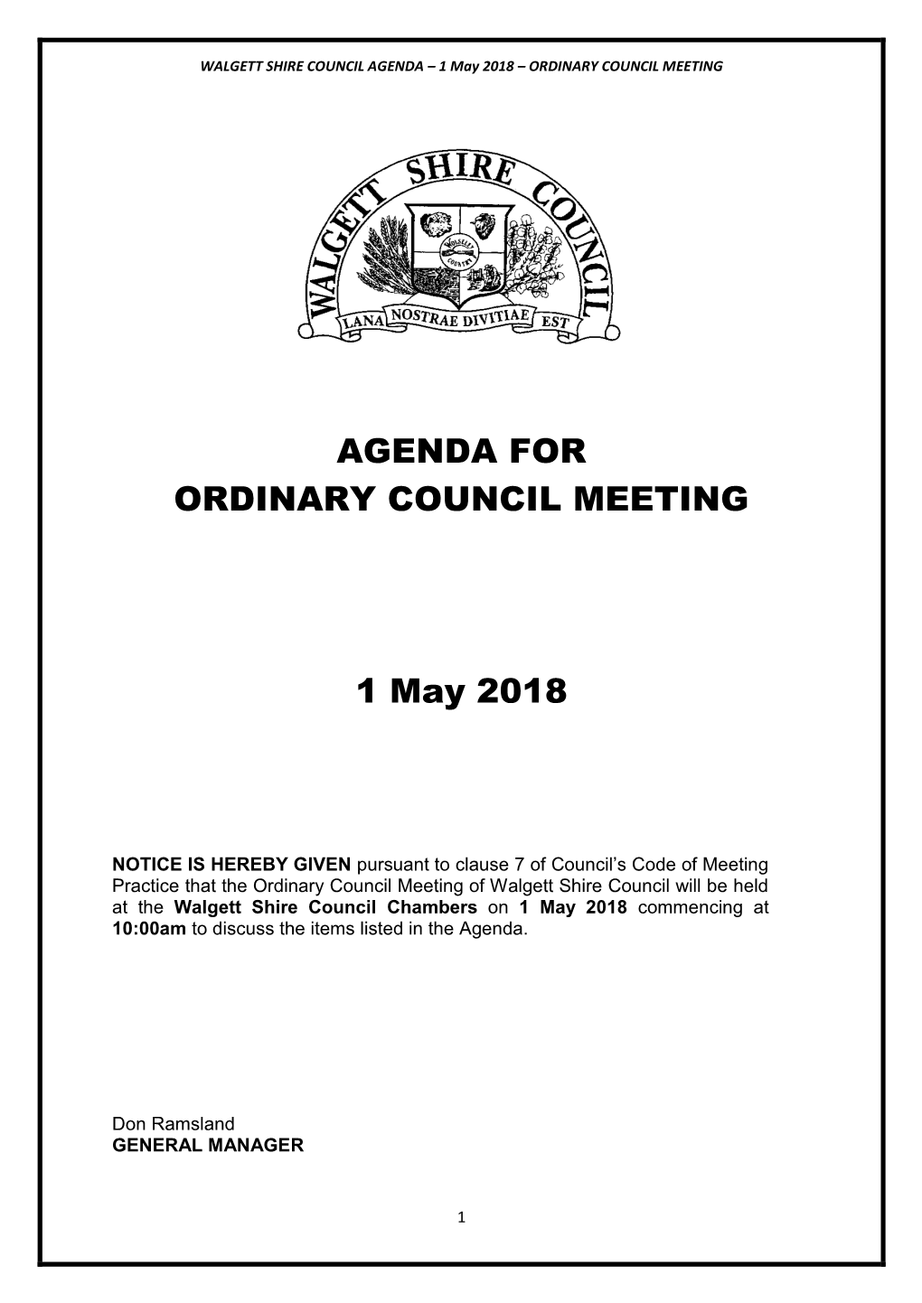 AGENDA for ORDINARY COUNCIL MEETING 1 May 2018