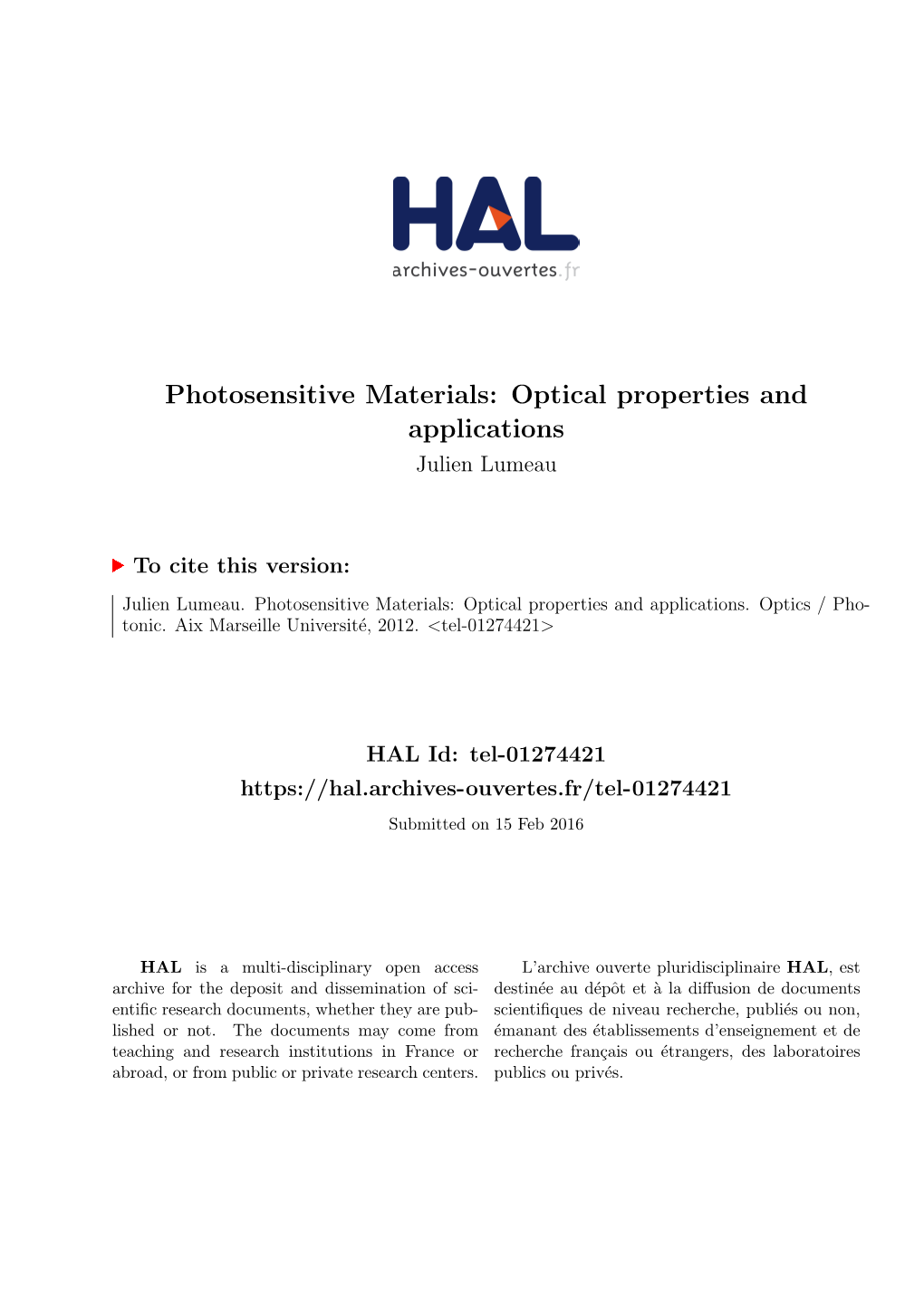 Photosensitive Materials: Optical Properties and Applications Julien Lumeau