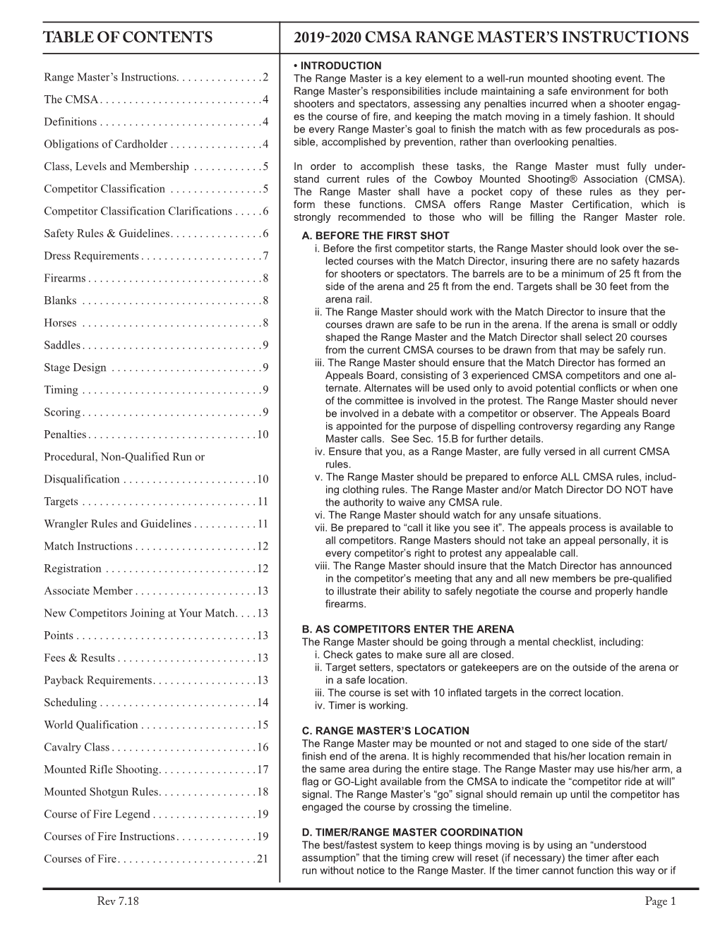 2019-2020 Cmsa Range Master's Instructions Table Of