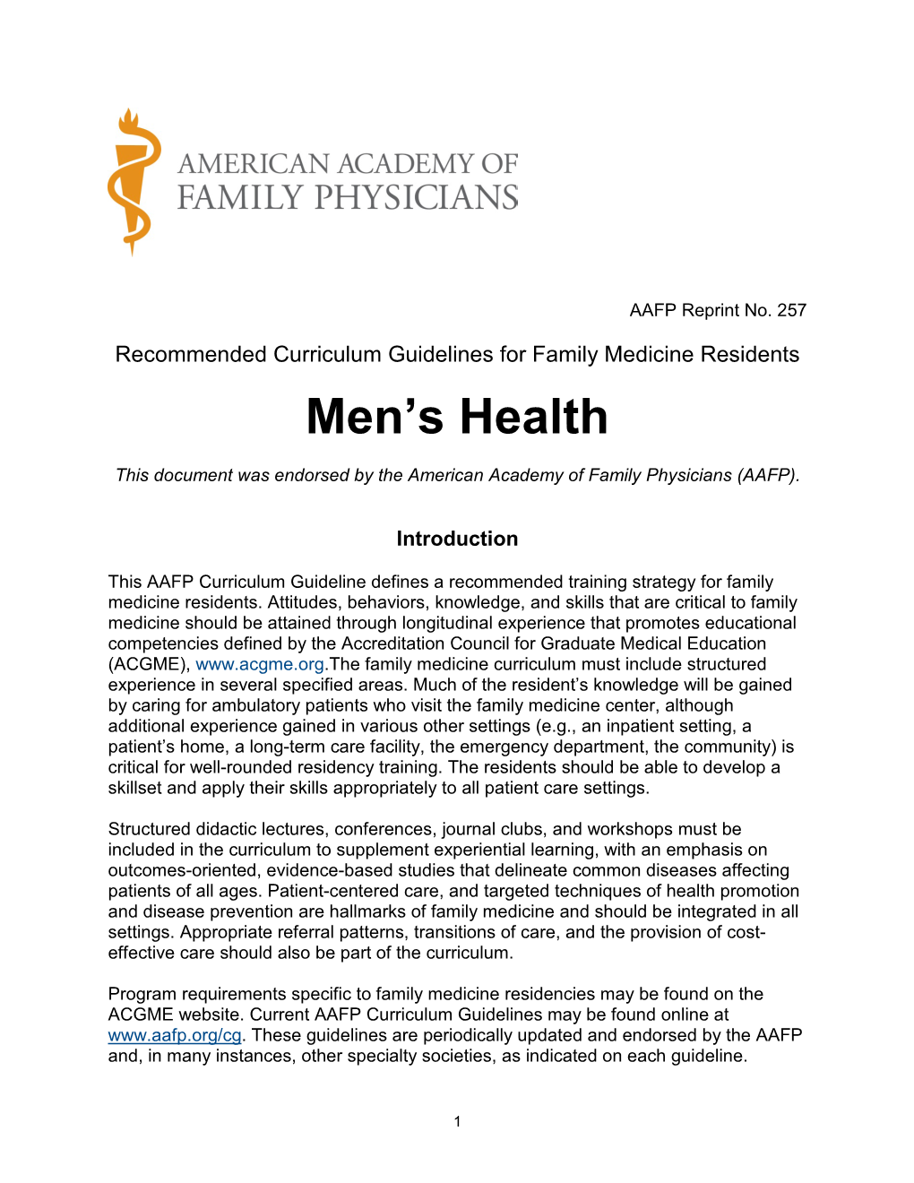 Recommended Curriculum Guidelines for Family Medicine Residents Men's Health