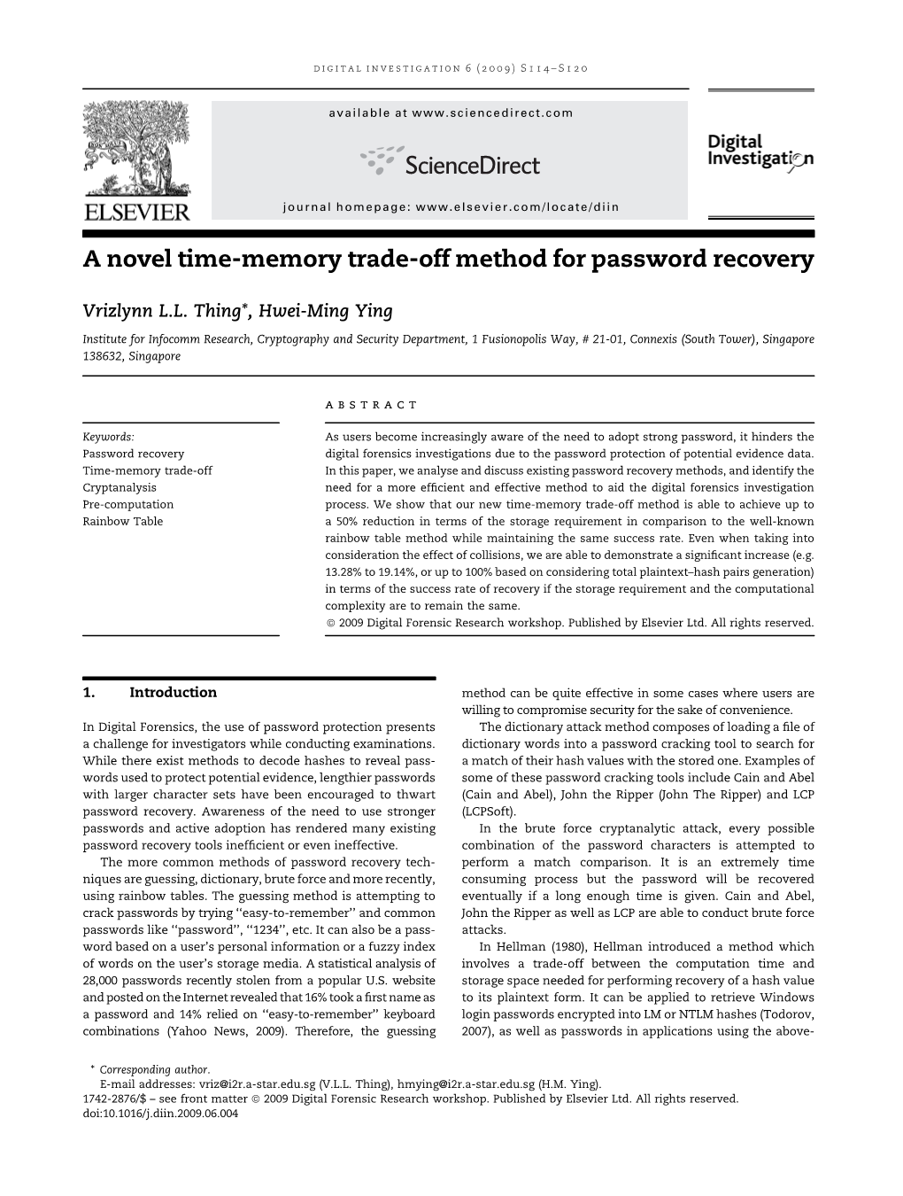 A Novel Time-Memory Trade-Off Method for Password Recovery