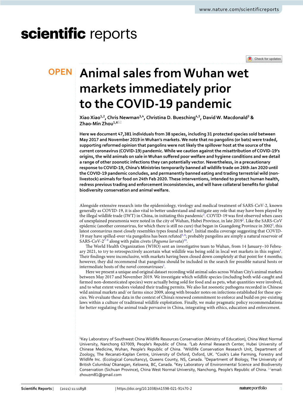 Animal Sales from Wuhan Wet Markets Immediately Prior to the COVID-19