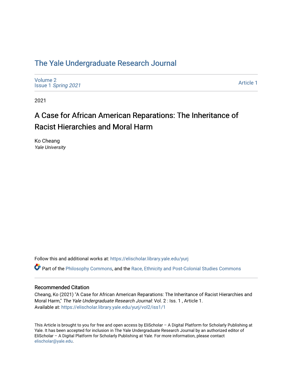 A Case for African American Reparations: the Inheritance of Racist Hierarchies and Moral Harm