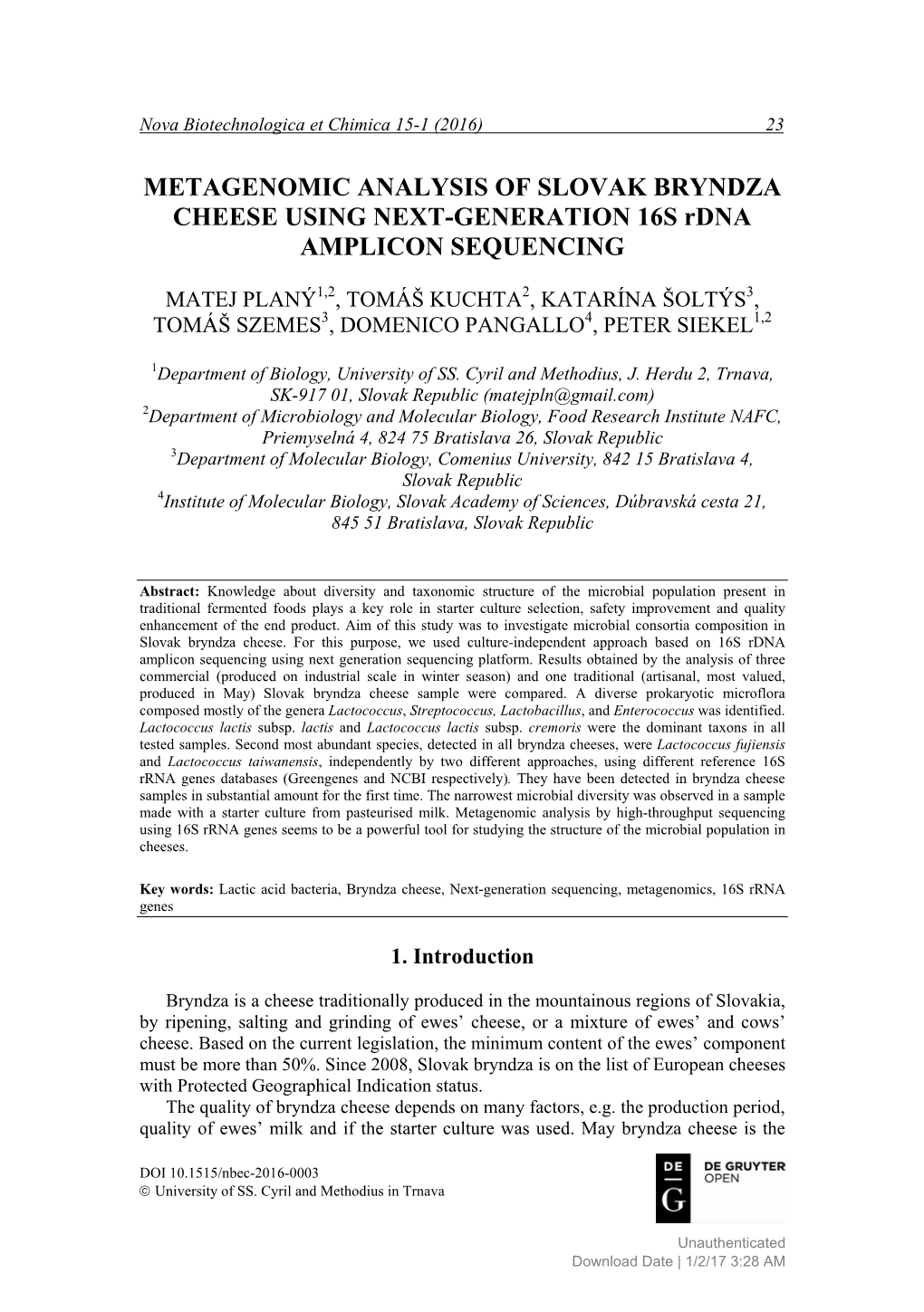 METAGENOMIC ANALYSIS of SLOVAK BRYNDZA CHEESE USING NEXT-GENERATION 16S Rdna AMPLICON SEQUENCING