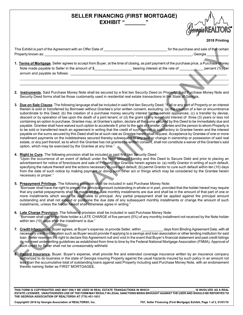 Seller Financing (First Mortgage) Exhibit “______”