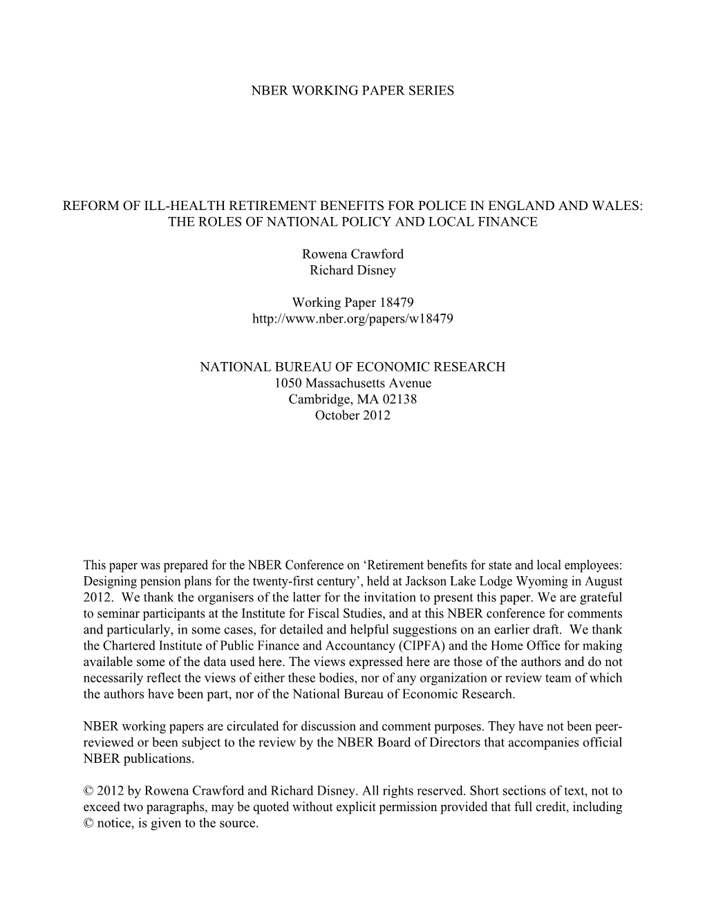 Reform of Ill-Health Retirement Benefits for Police in England and Wales: the Roles of National Policy and Local Finance