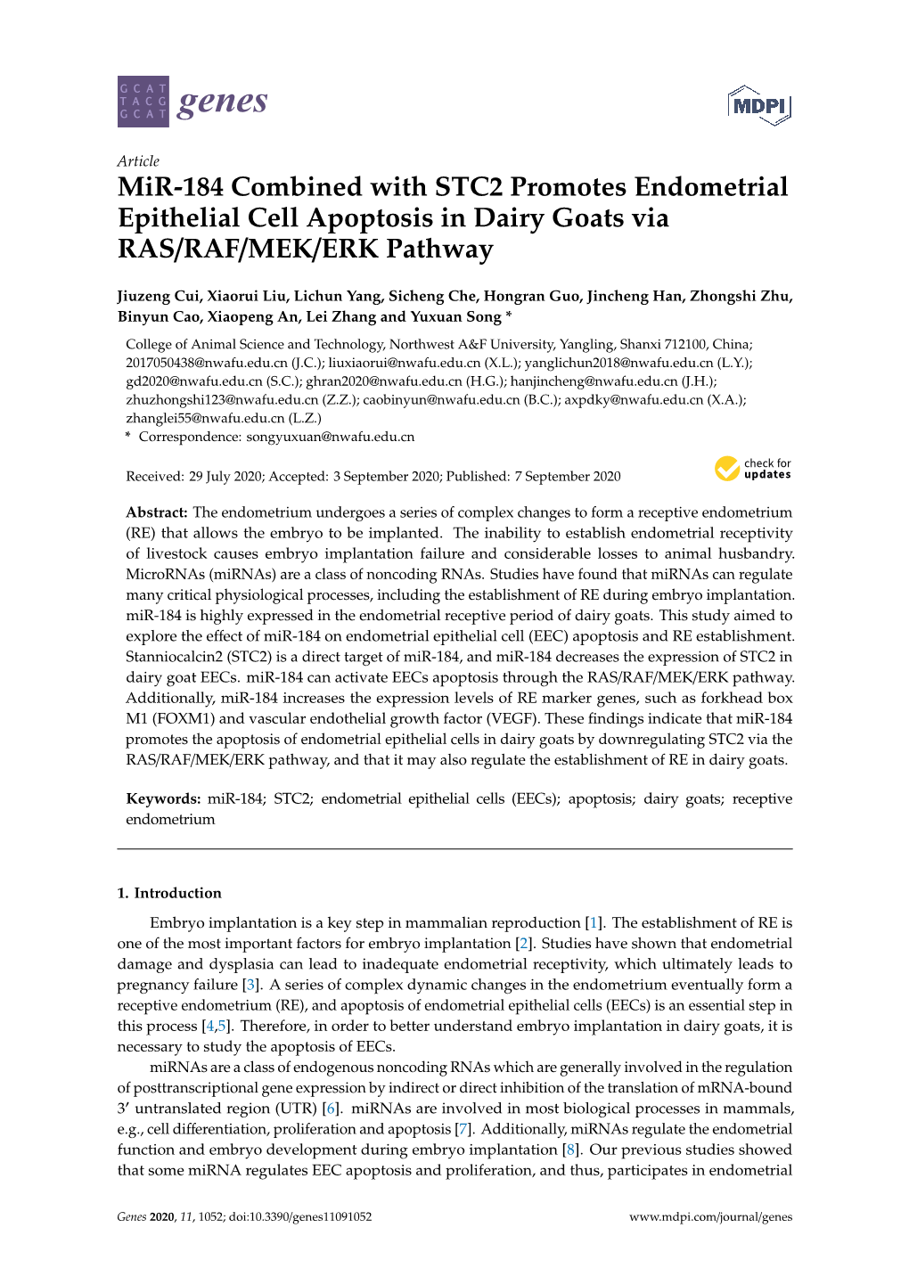 Mir-184 Combined with STC2 Promotes Endometrial Epithelial Cell Apoptosis in Dairy Goats Via RAS/RAF/MEK/ERK Pathway