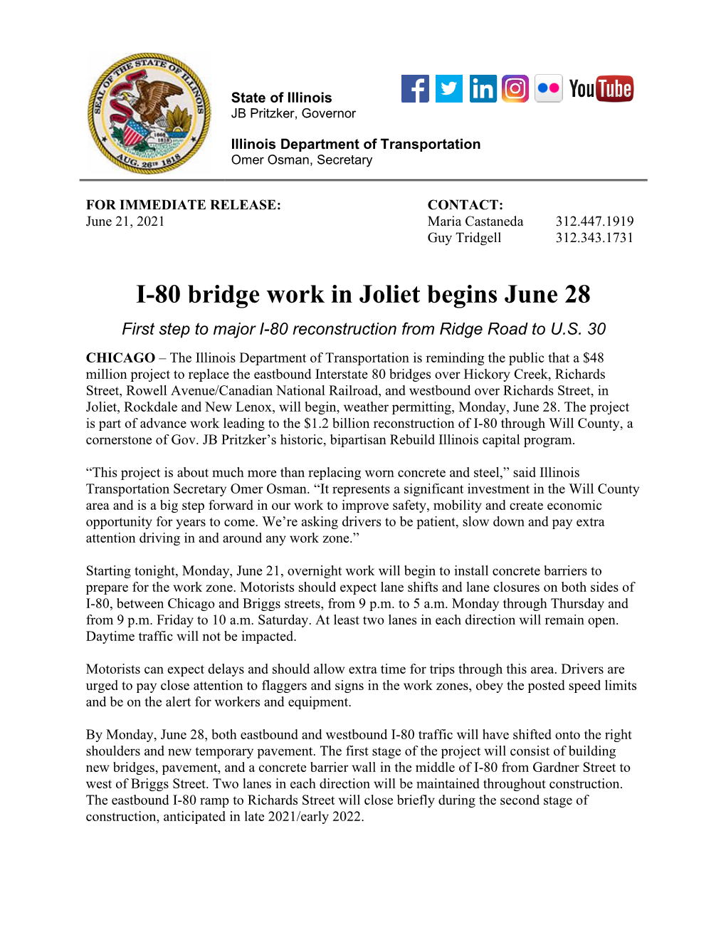 I-80 Bridge Work in Joliet Begins June 28