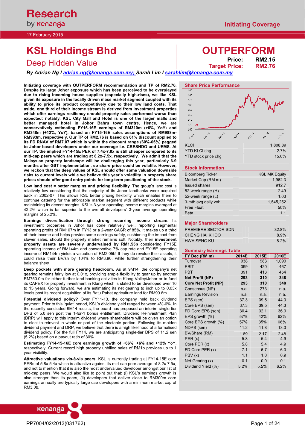 KSL Holdings Bhd OUTPERFORM Price: RM 2