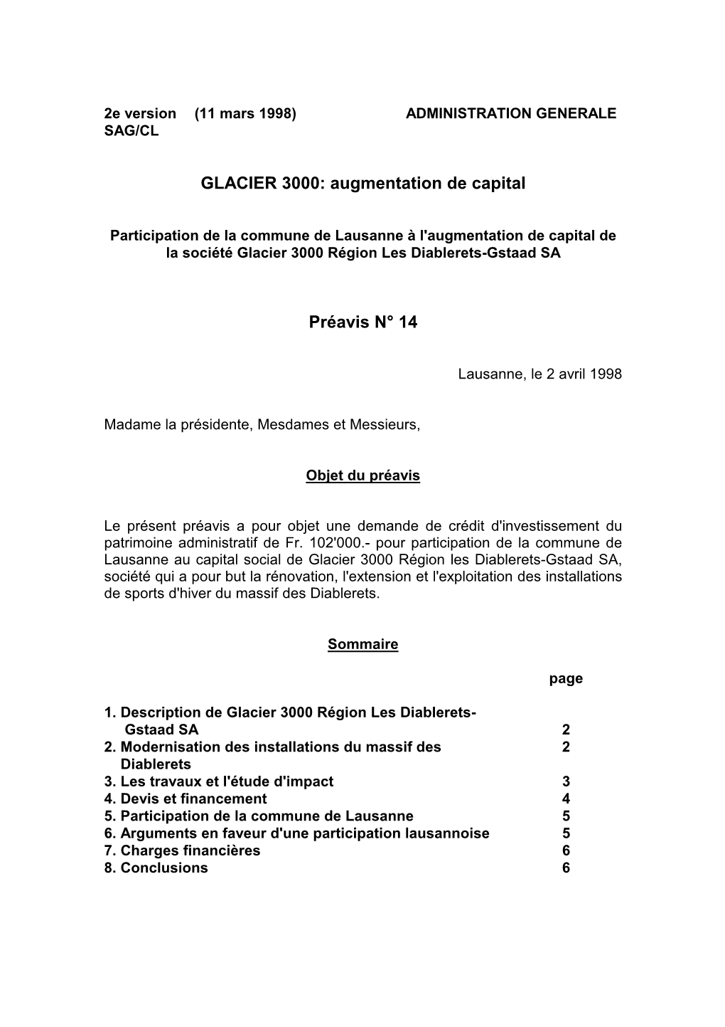 GLACIER 3000: Augmentation De Capital Préavis N° 14