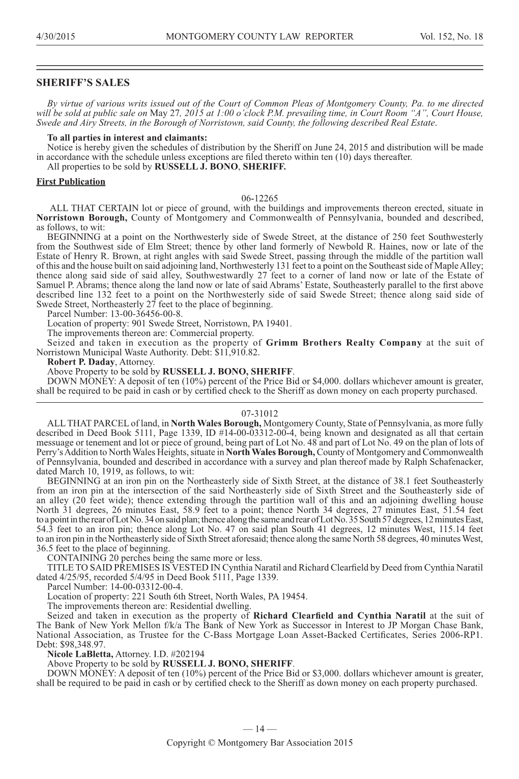 Copyright © Montgomery Bar Association 2015 4/30/2015 MONTGOMERY COUNTY LAW REPORTER Vol