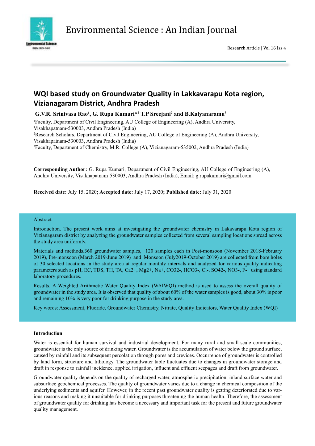 WQI Based Study on Groundwater Quality in Lakkavarapu Kota Region, Vizianagaram District, Andhra Pradesh G.V.R