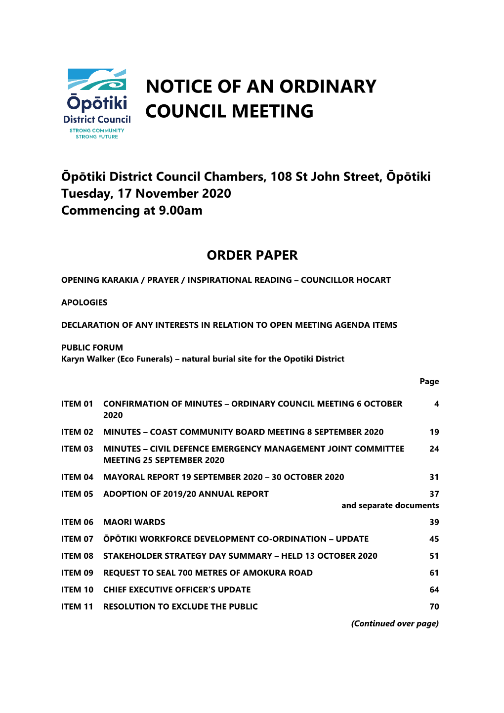 Notice of an Ordinary Council Meeting