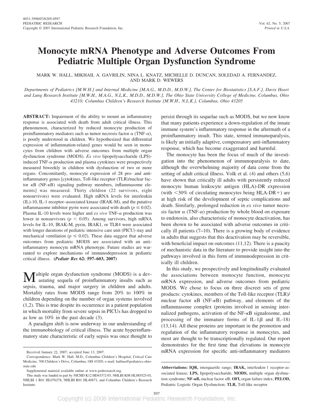 Monocyte Mrna Phenotype and Adverse Outcomes from Pediatric Multiple Organ Dysfunction Syndrome