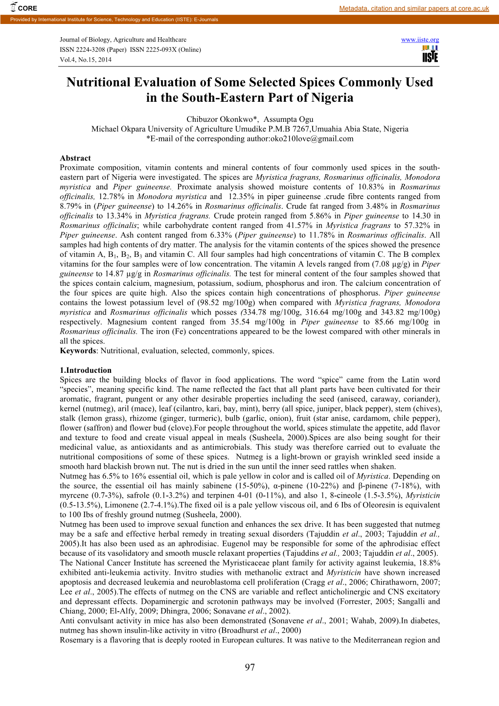 Nutritional Evaluation of Some Selected Spices Commonly Used in the South-Eastern Part of Nigeria