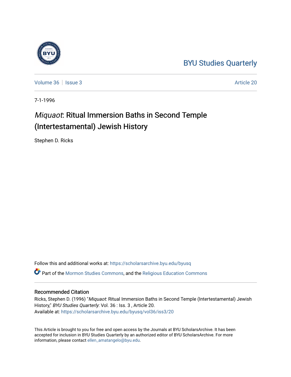 Miquaot: Ritual Immersion Baths in Second Temple (Intertestamental) Jewish History