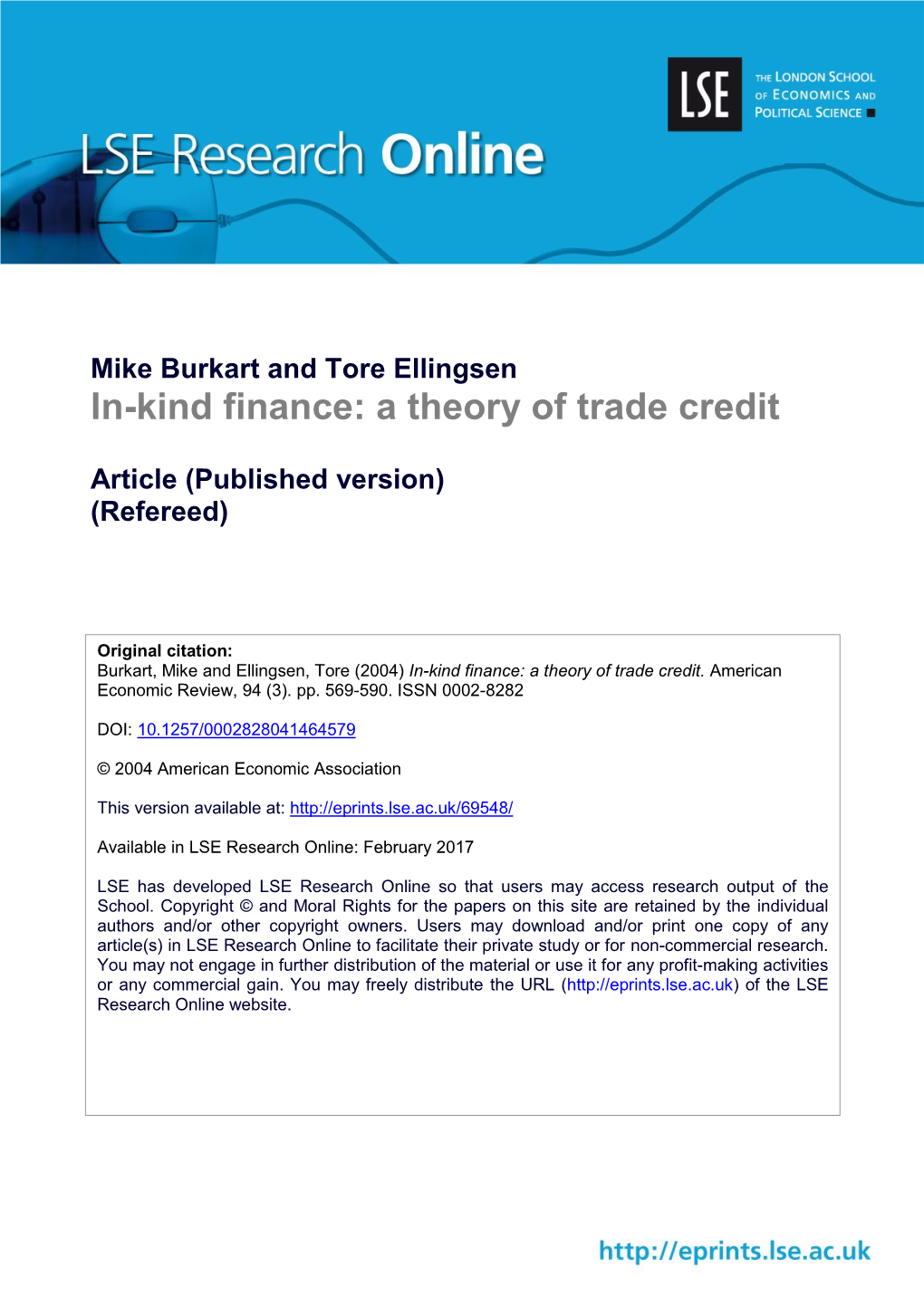 In-Kind Finance: a Theory of Trade Credit