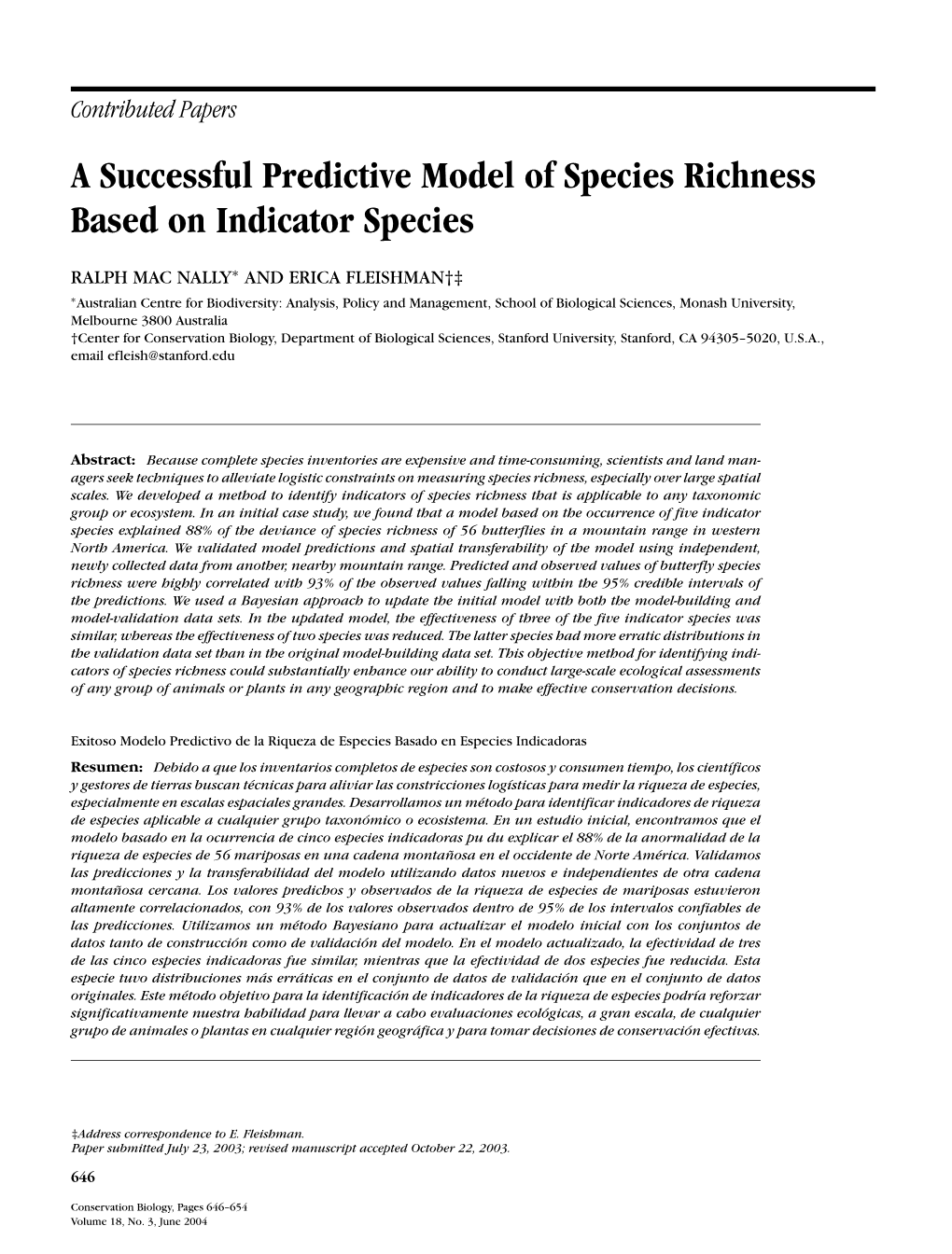 A Successful Predictive Model of Species Richness Based on Indicator Species