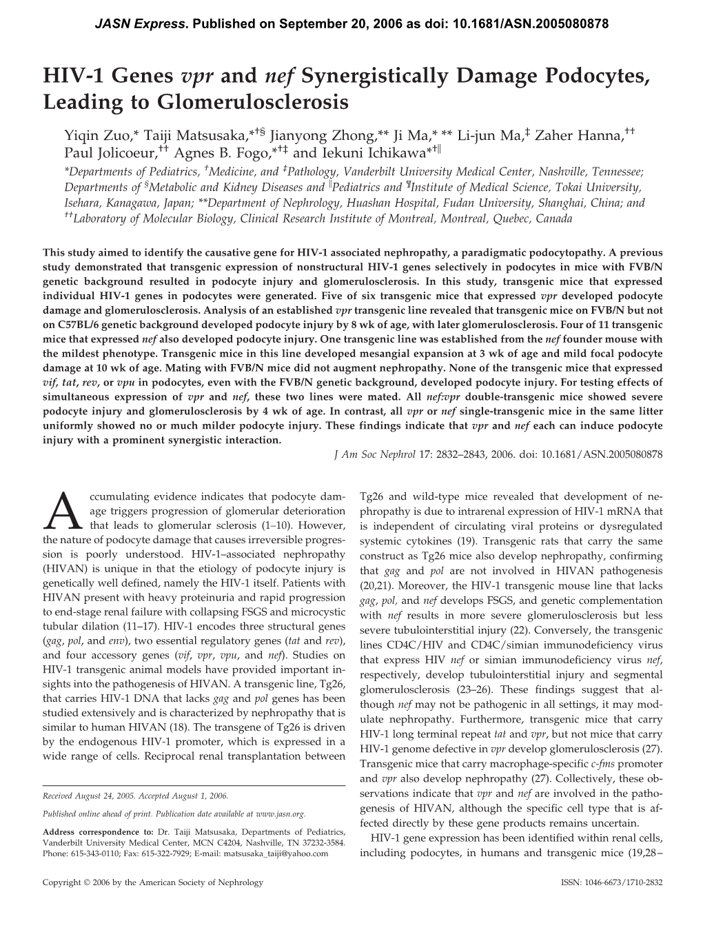 HIV-1 Genes Vpr and Nef Synergistically Damage Podocytes, Leading to Glomerulosclerosis