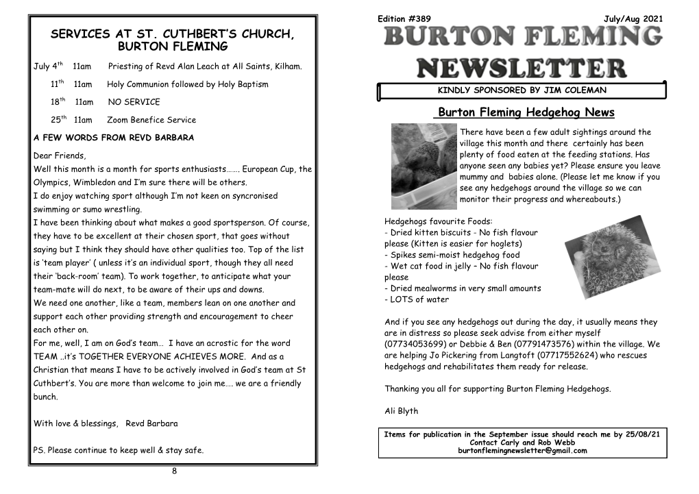 SERVICES at ST. CUTHBERT's CHURCH, BURTON FLEMING Burton Fleming Hedgehog News