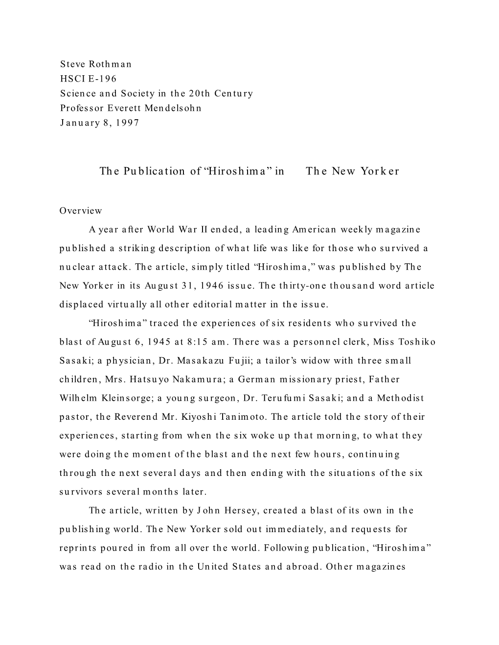 The Publication of “Hiroshima” in the New Yorker