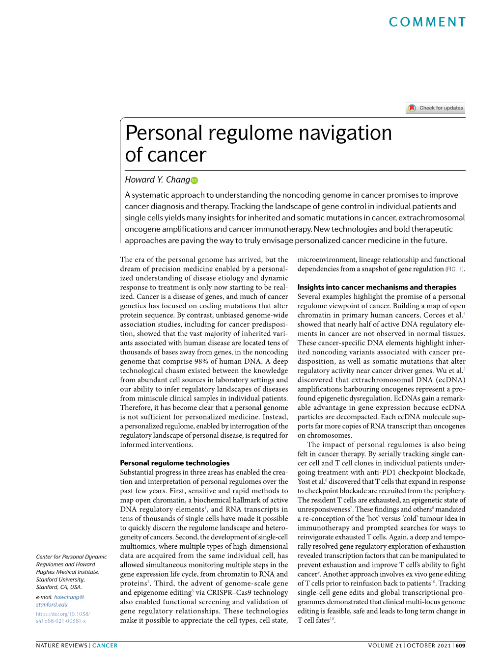 Personal Regulome Navigation of Cancer