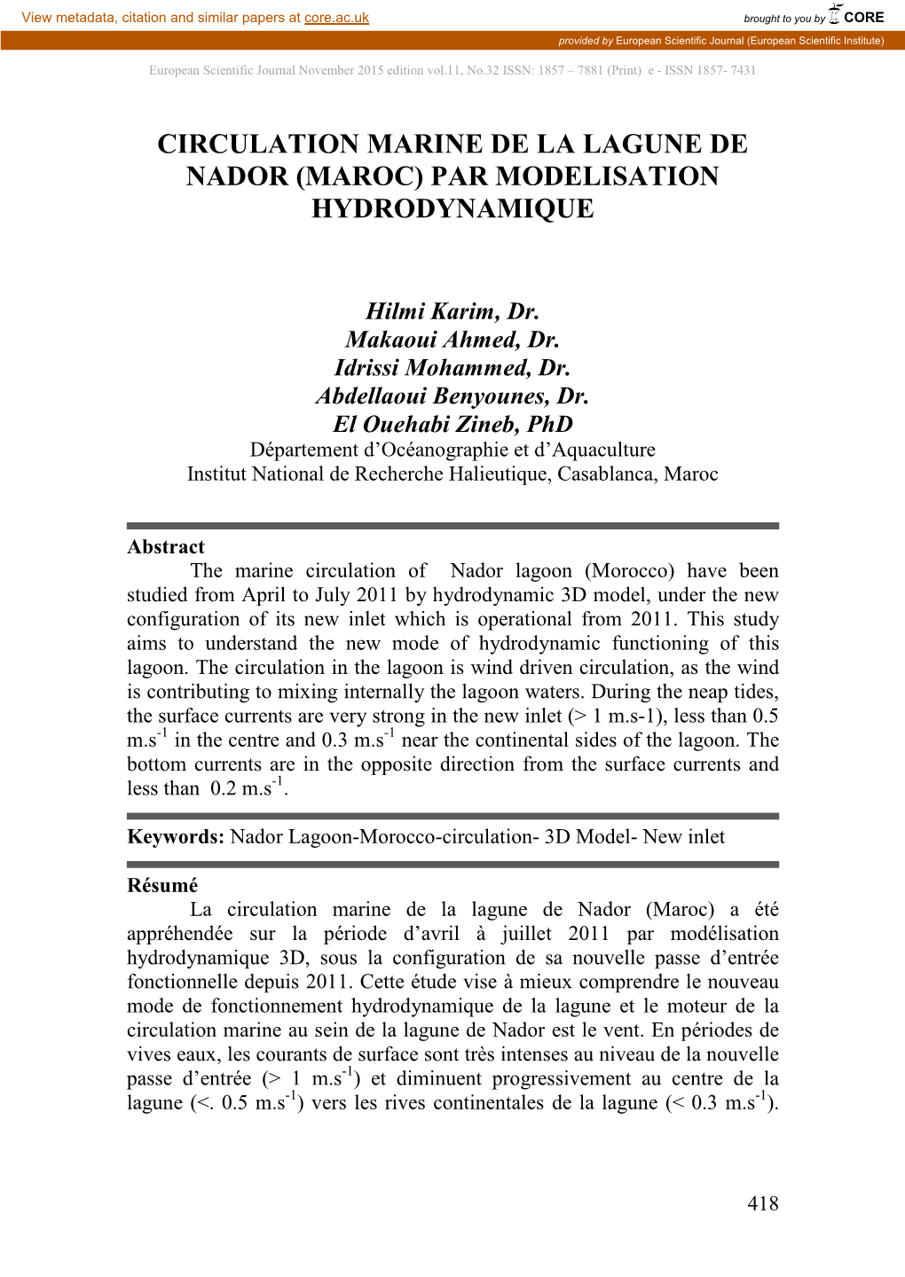 Circulation Marine De La Lagune De Nador (Maroc) Par Modelisation Hydrodynamique