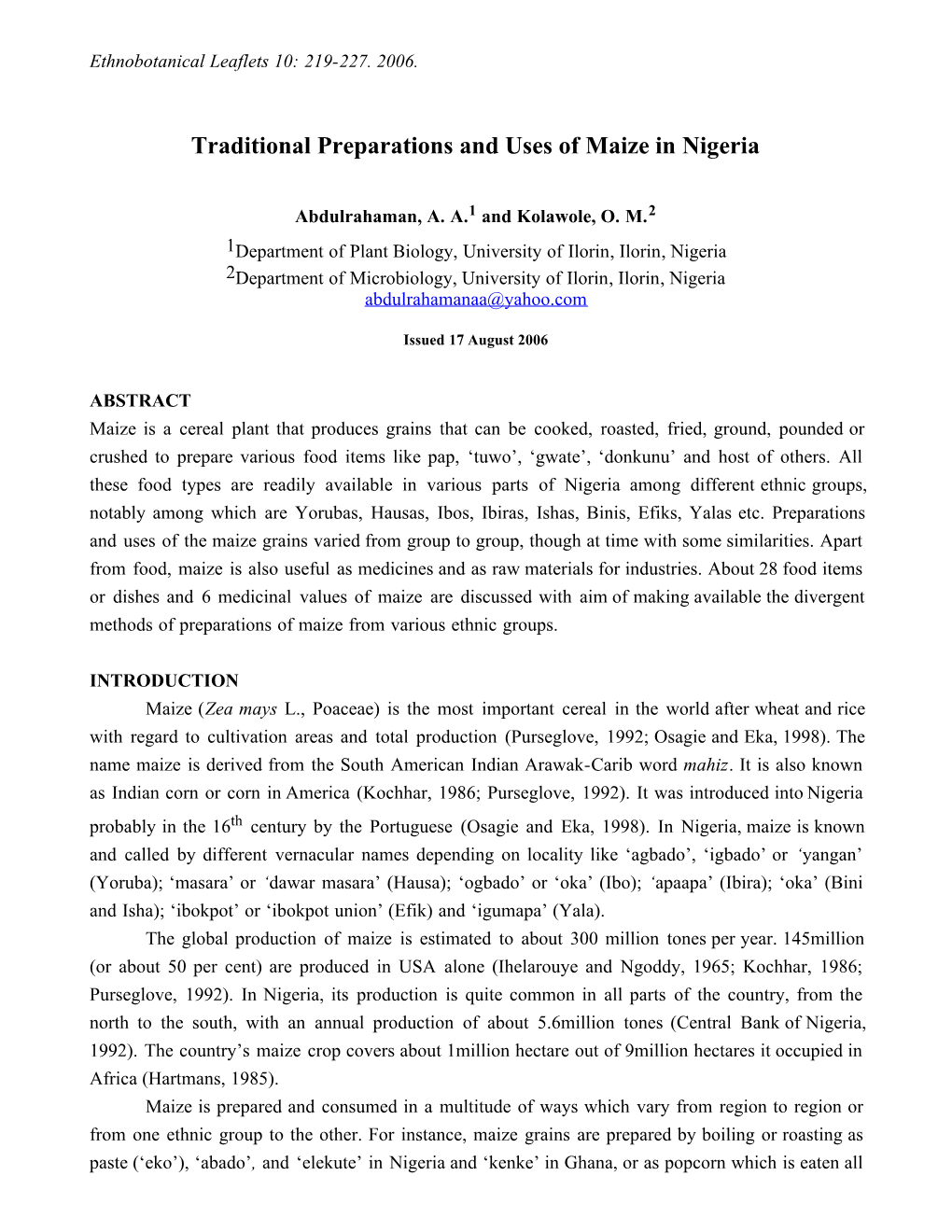 Traditional Preparations and Uses of Maize in Nigeria