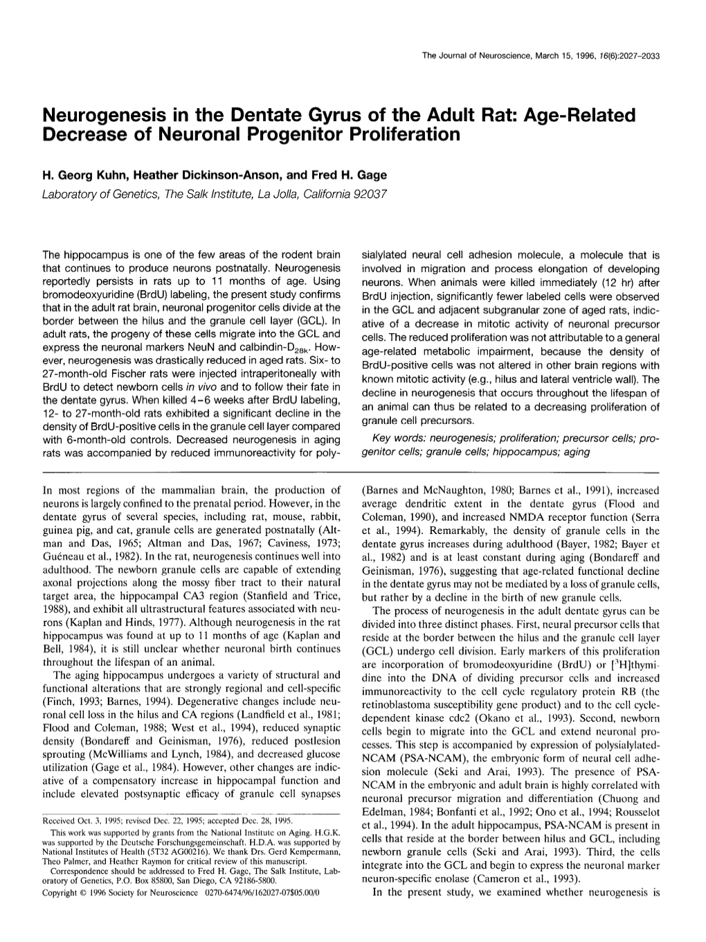 Neurogenesis in the Dentate Gyrus of the Adult Rat: Age-Related Decrease of Neuronal Progenitor Proliferation