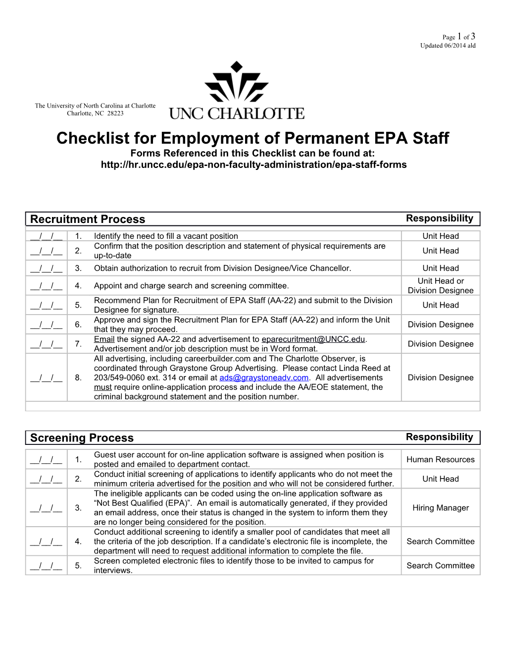 Checklist for Employment of Permanent EPA Staff