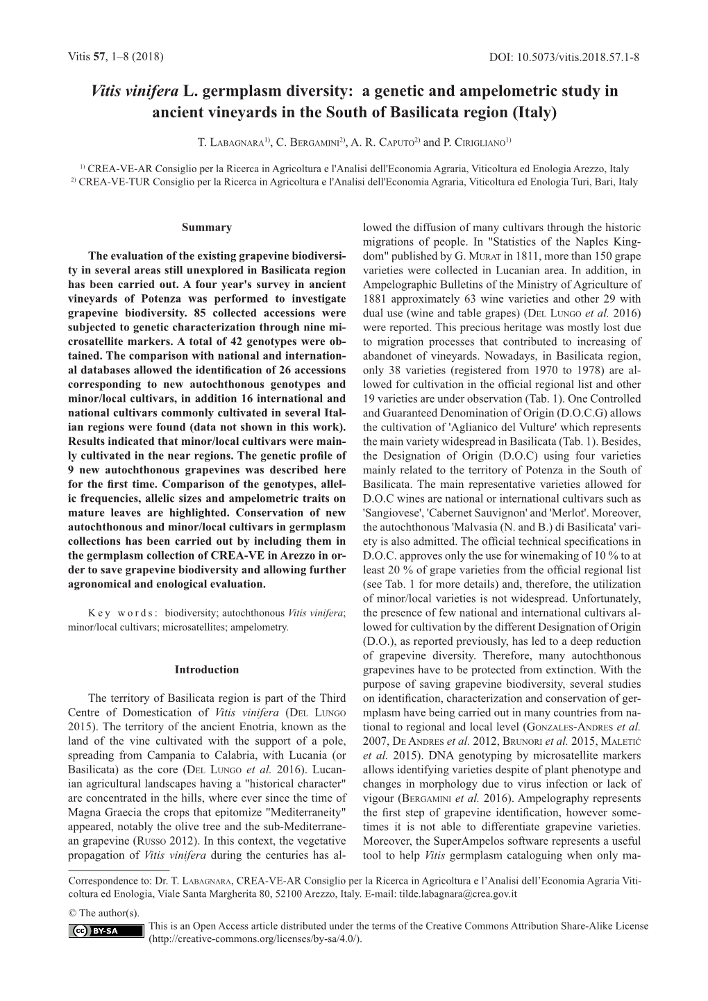 Vitis Vinifera L. Germplasm Diversity: a Genetic and Ampelometric Study in Ancient Vineyards in the South of Basilicata Region (Italy)