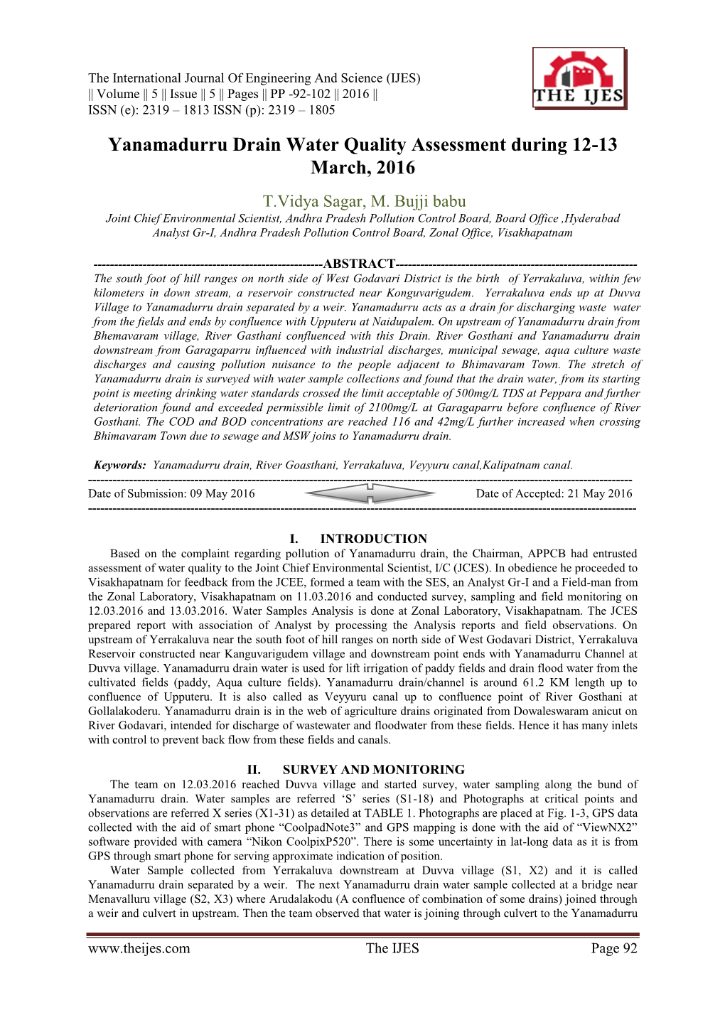 Yanamadurru Drain Water Quality Assessment During 12-13 March, 2016