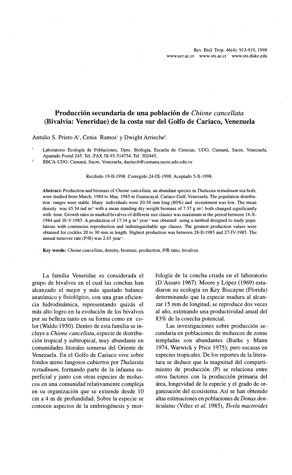 Producción Secundaria De Una Población De Chione Cancellata (Bivalvia: Veneridae) De La Costa Sur Del Golfo De Cariaco, Venezuela