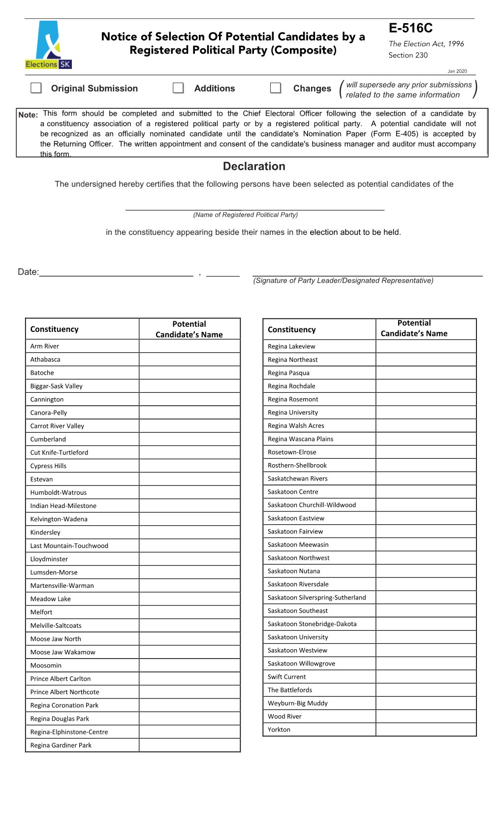 E-516C Notice of Selection of Potential Candidates by a the Election Act, 1996 Registered Political Party (Composite) Section 230