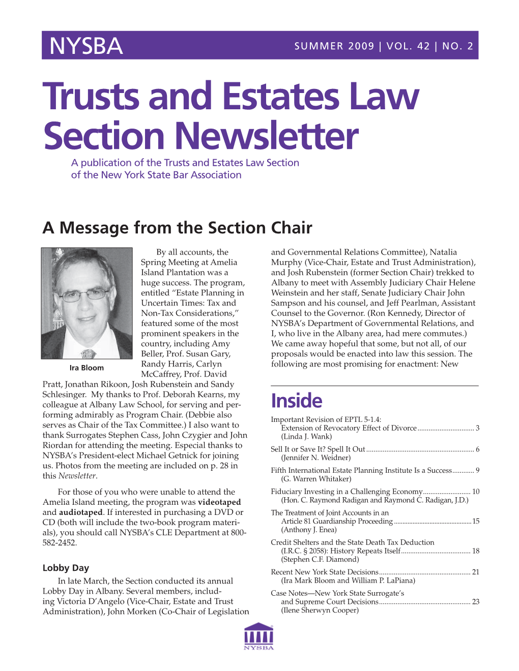 Trusts and Estates Law Section Newsletter a Publication of the Trusts and Estates Law Section of the New York State Bar Association