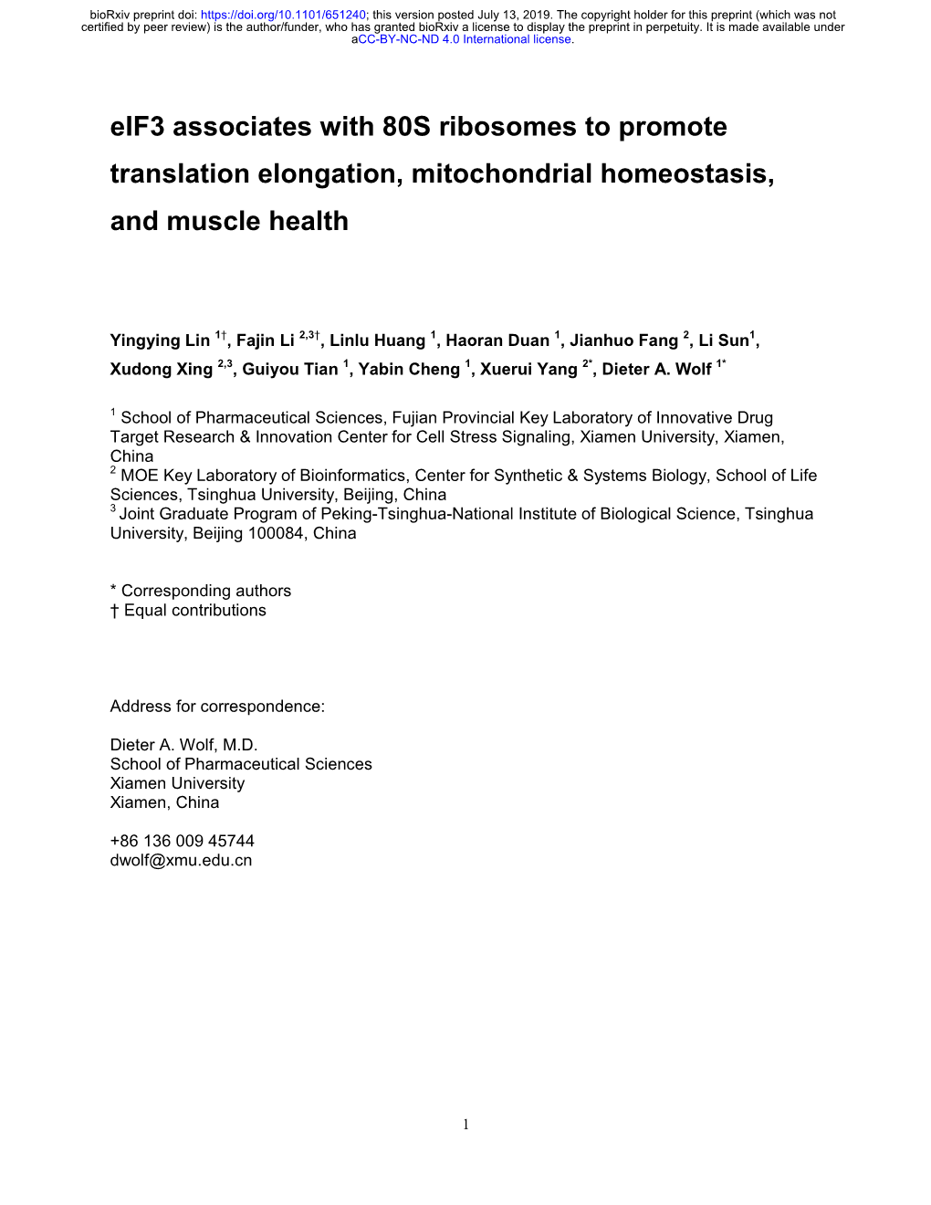 Eif3 Associates with 80S Ribosomes to Promote Translation Elongation, Mitochondrial Homeostasis, and Muscle Health