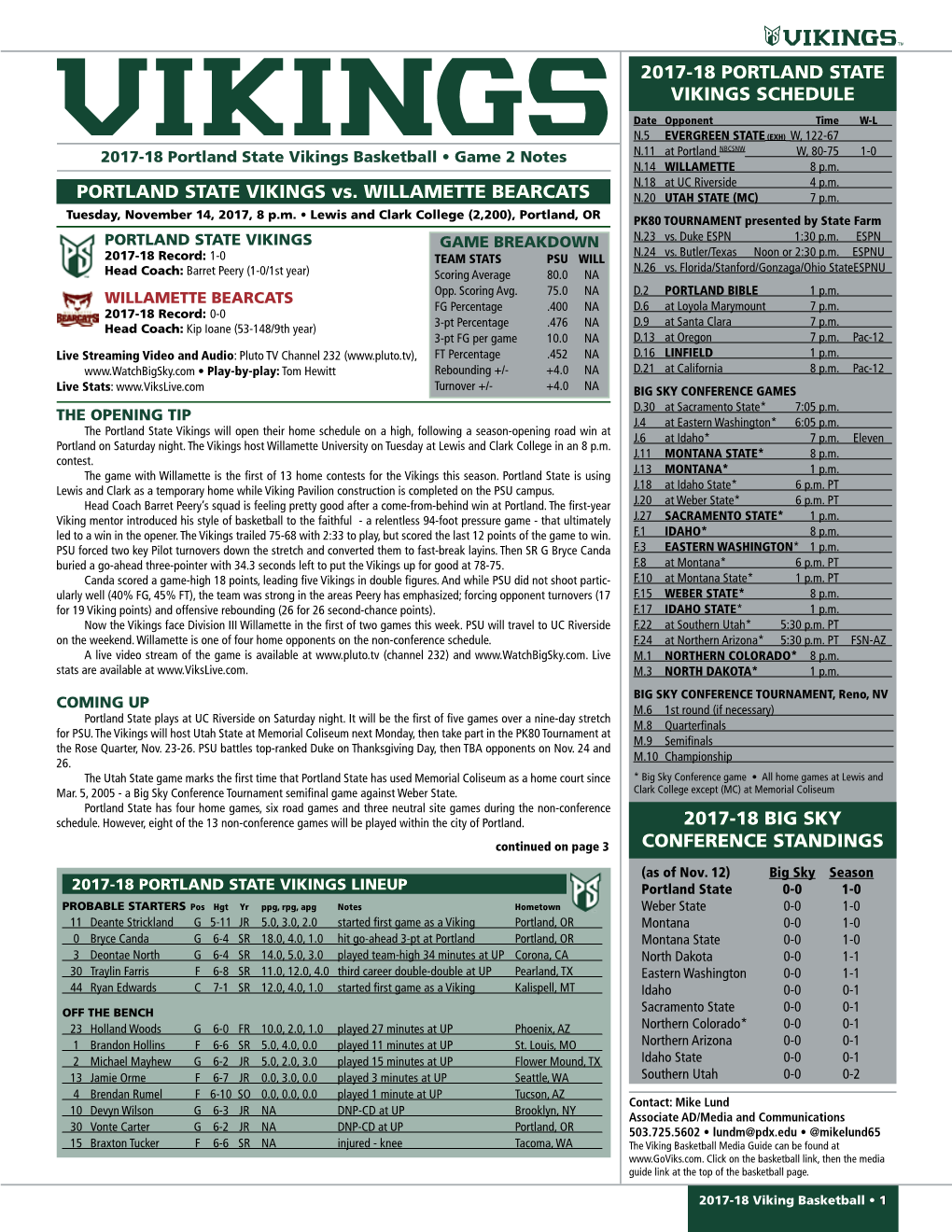 2017-18 Portland State Vikings Schedule 2017-18 Big Sky