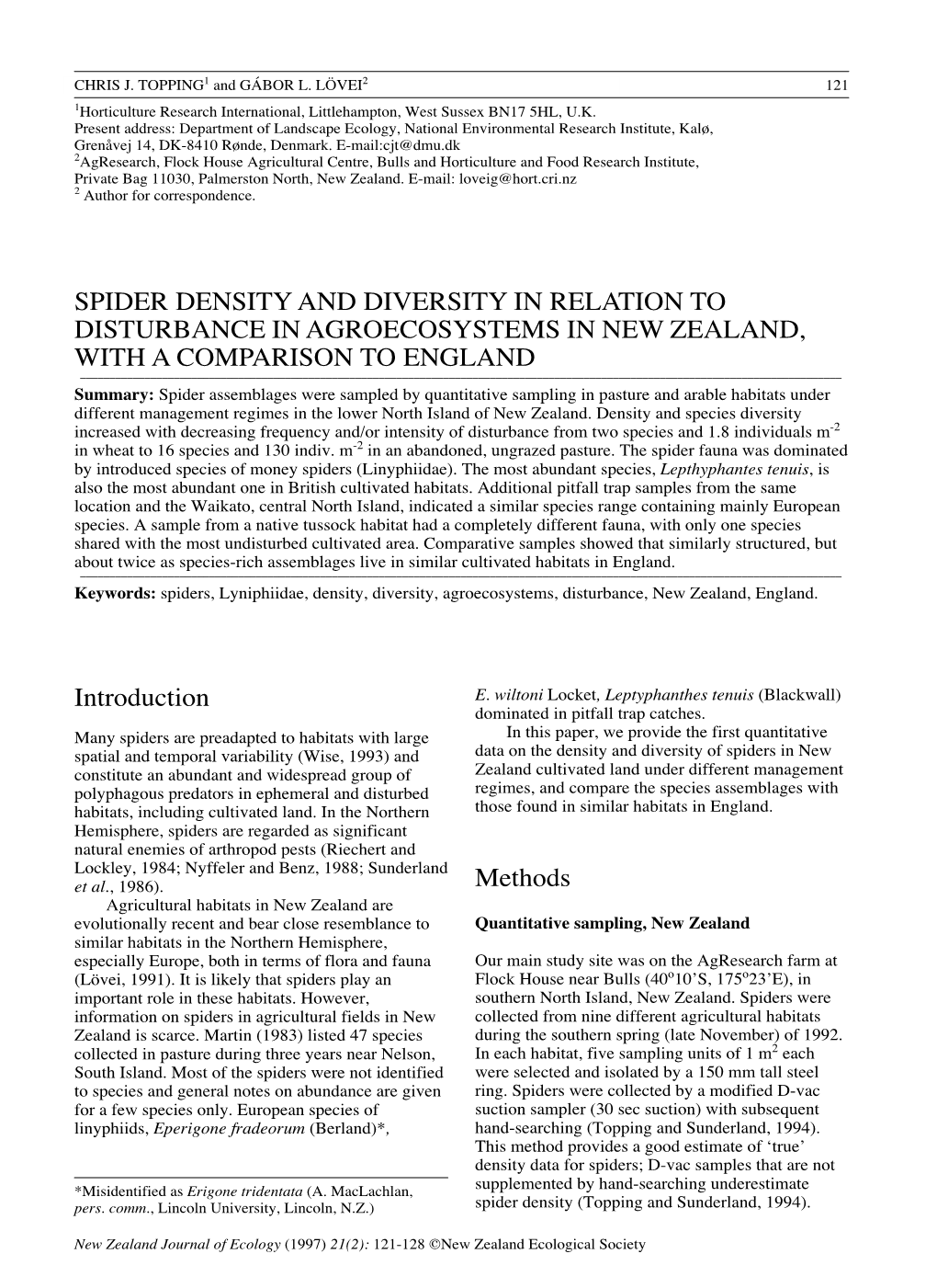 Spider Density and Diversity in Relation to Disturbance