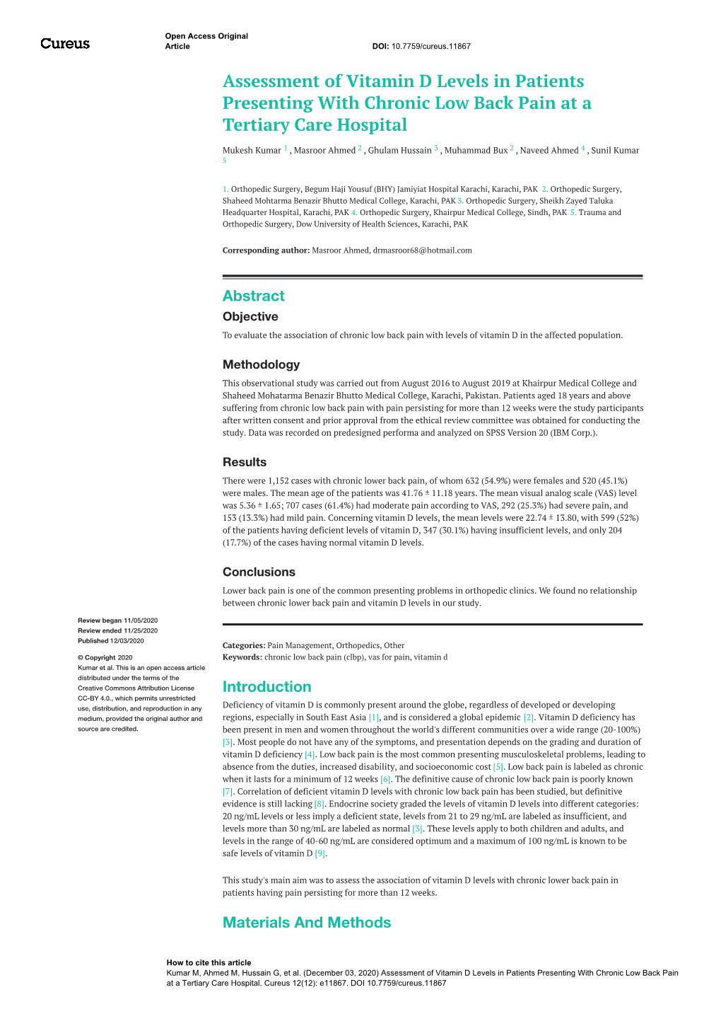 Assessment of Vitamin D Levels in Patients Presenting with Chronic Low Back Pain at a Tertiary Care Hospital