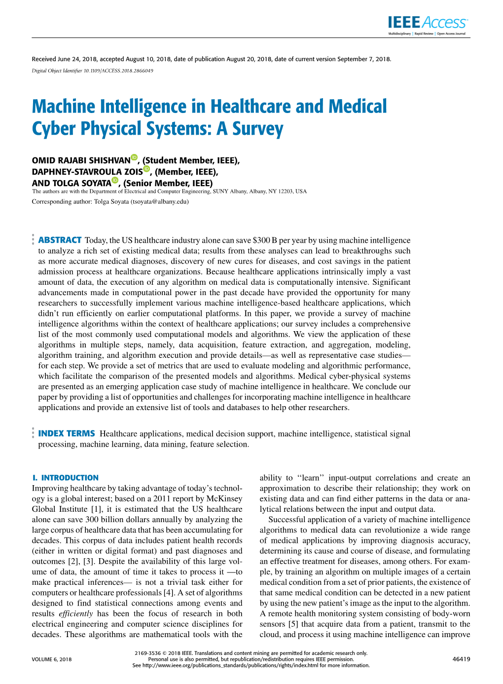 Machine Intelligence in Healthcare and Medical Cyber Physical Systems: a Survey