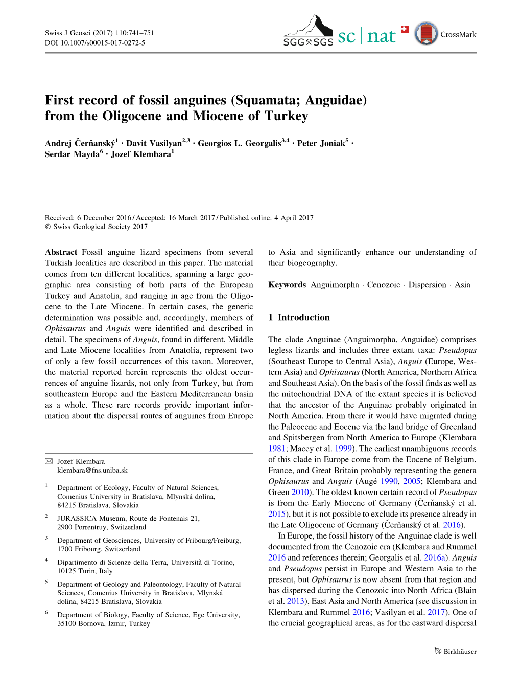 First Record of Fossil Anguines (Squamata; Anguidae) from the Oligocene and Miocene of Turkey