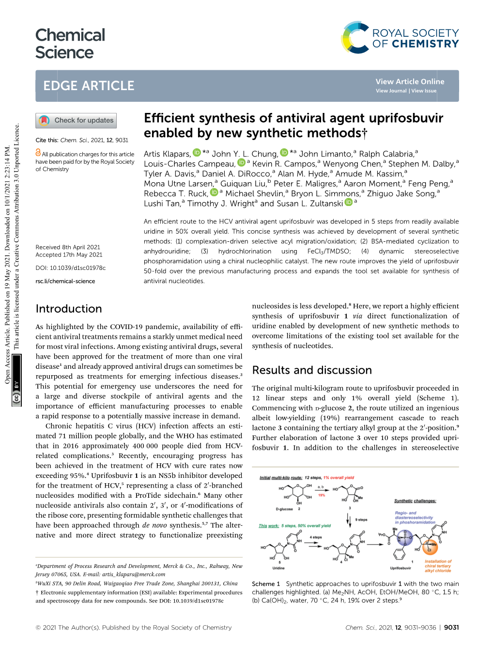 Efficient Synthesis of Antiviral Agent Uprifosbuvir Enabled by New