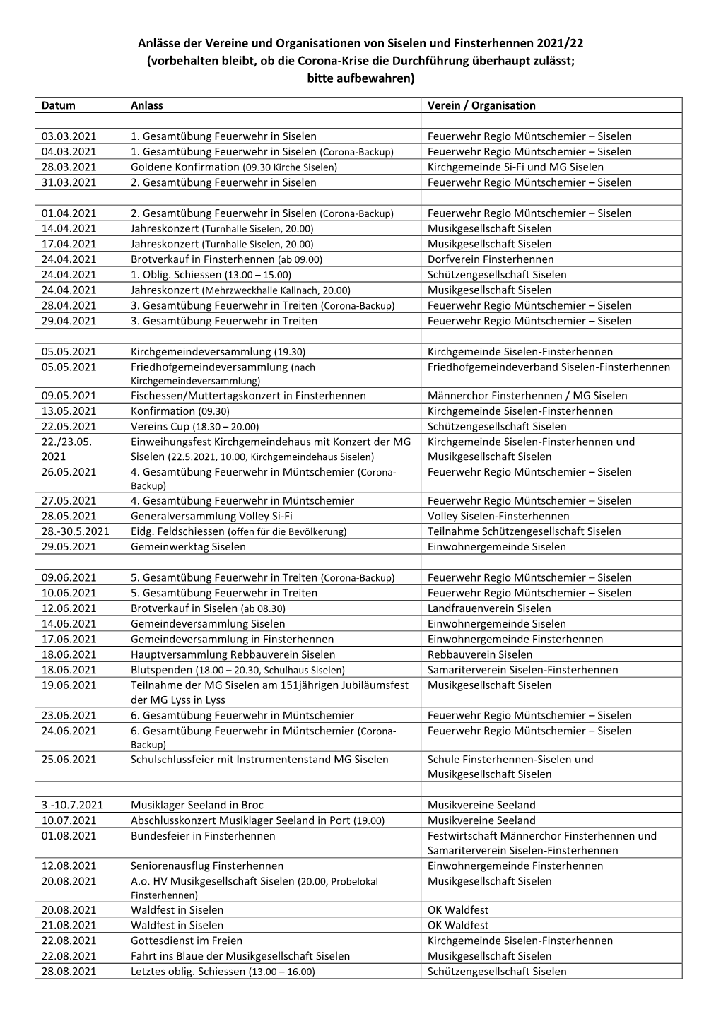 Anlässe Der Vereine Und Organisationen Von Siselen Und