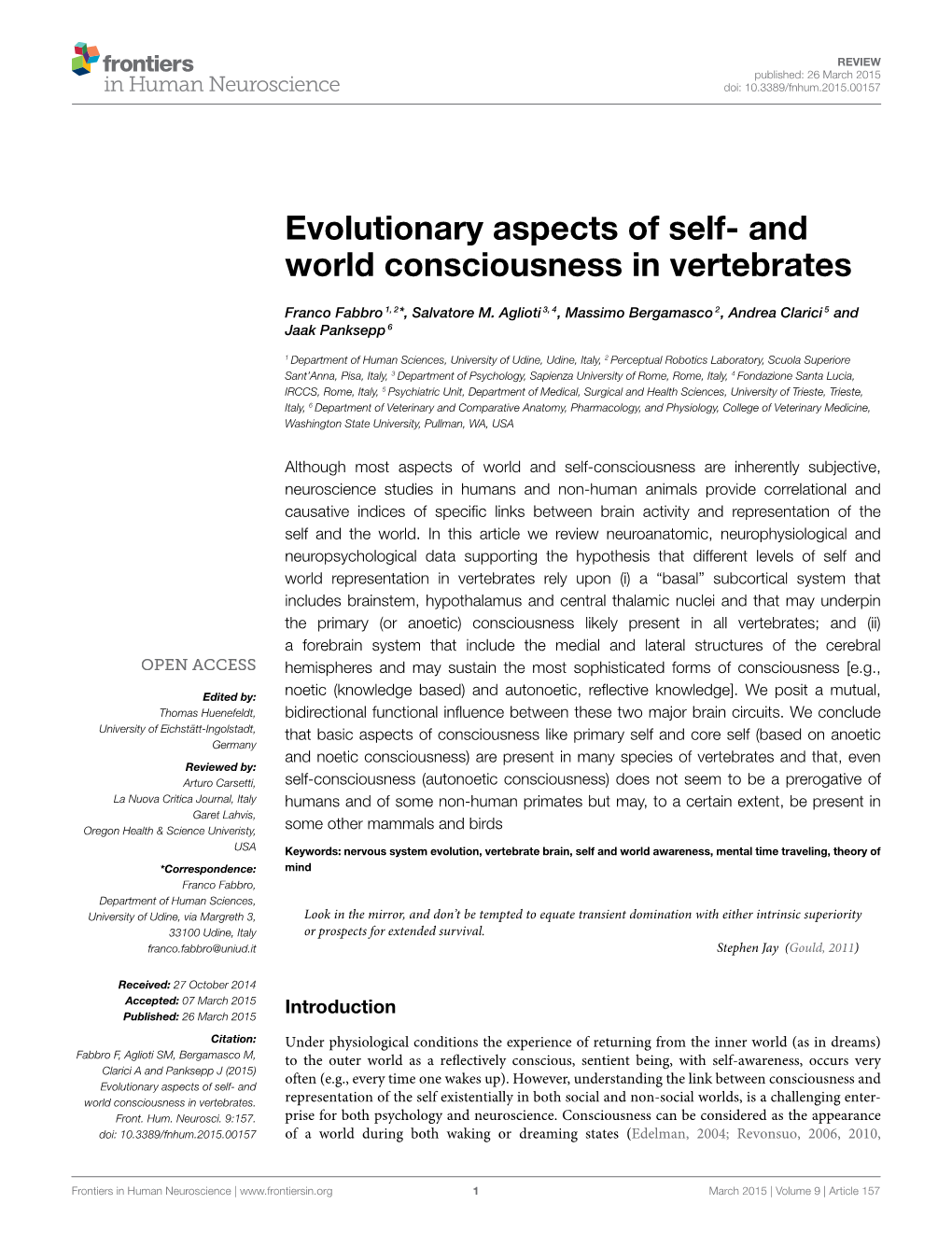 Evolutionary Aspects of Self- and World Consciousness in Vertebrates