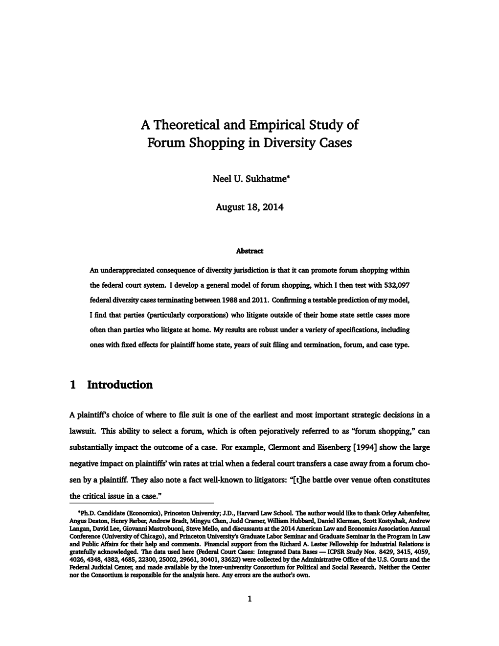 A Theoretical and Empirical Study of Forum Shopping in Diversity Cases