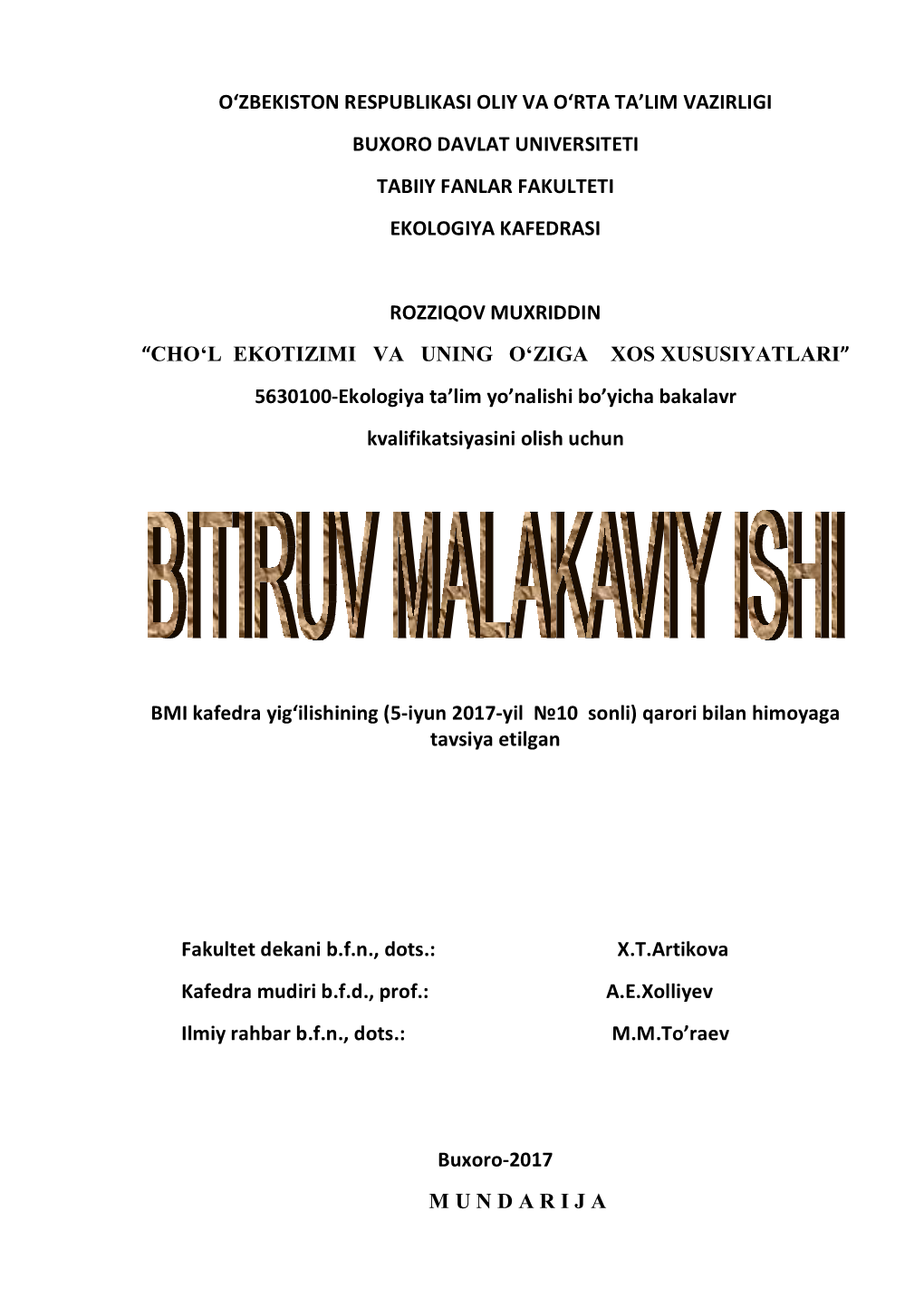 O'zbekiston Respublikasi Oliy Va O'rta Ta'lim Vazirligi Buxoro Davlat Universiteti Tabiiy Fanlar Fakulteti Ekologiya Kafe