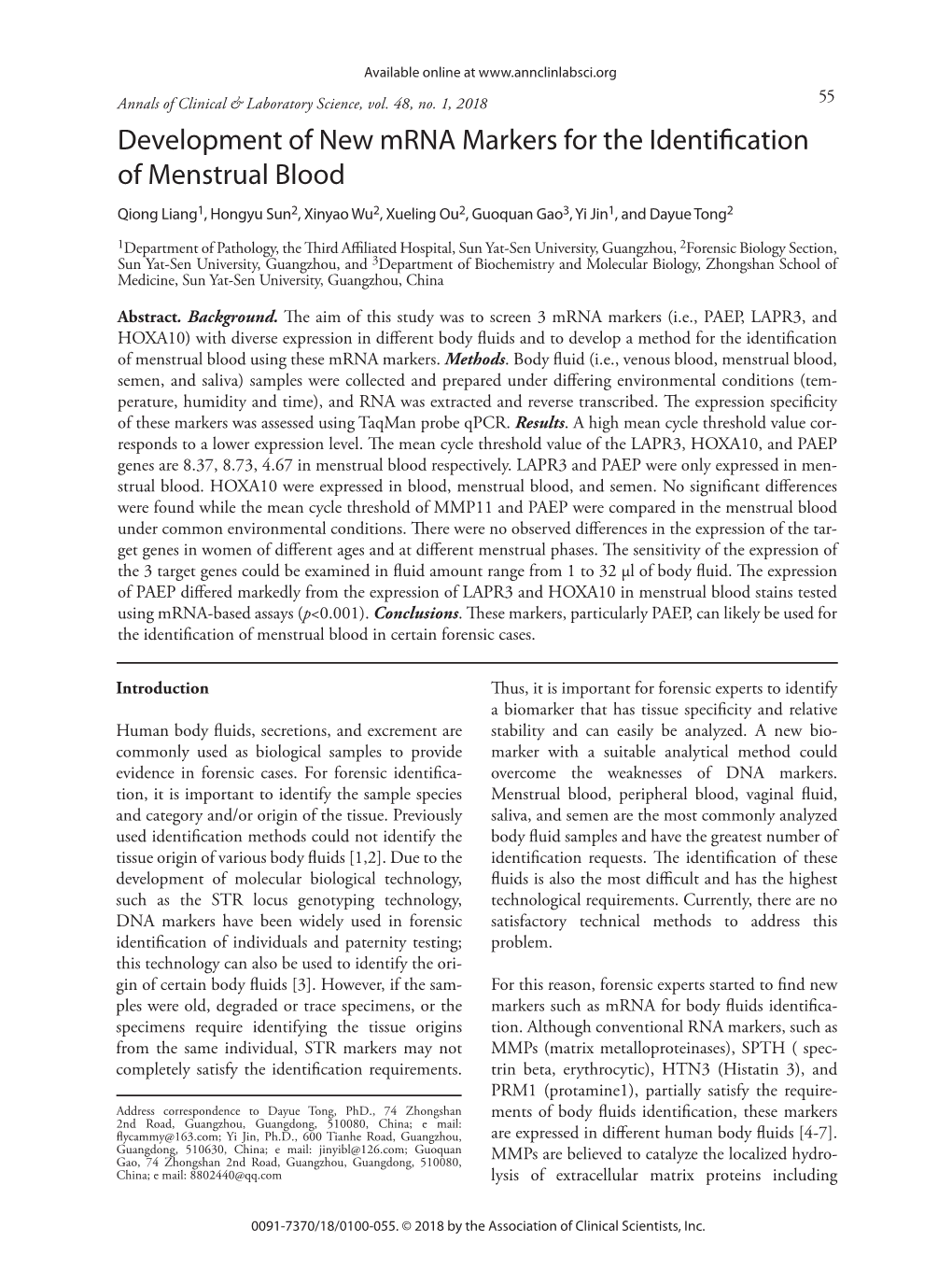 Development of New Mrna Markers for the Identification of Menstrual Blood