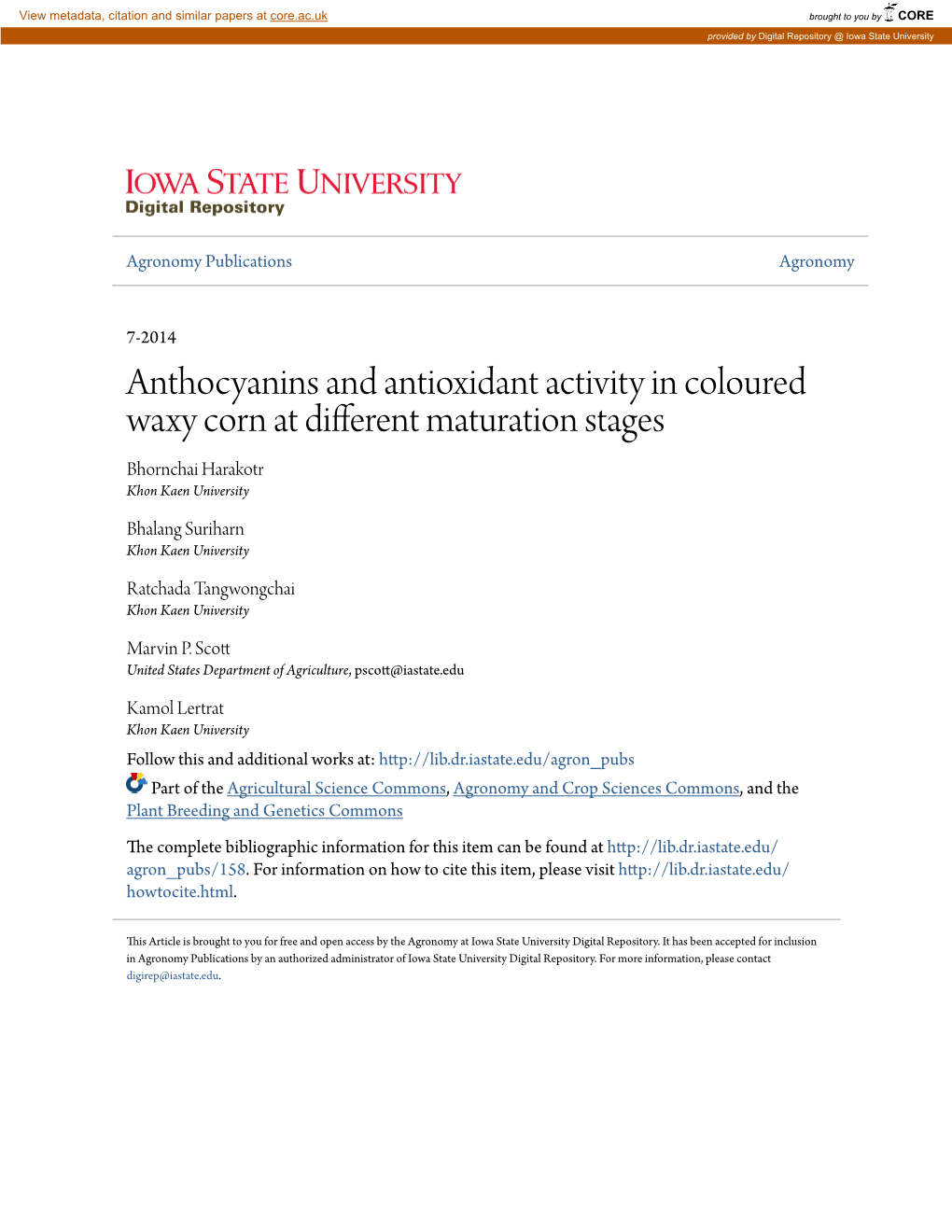 Anthocyanins and Antioxidant Activity in Coloured Waxy Corn at Different Maturation Stages Bhornchai Harakotr Khon Kaen University