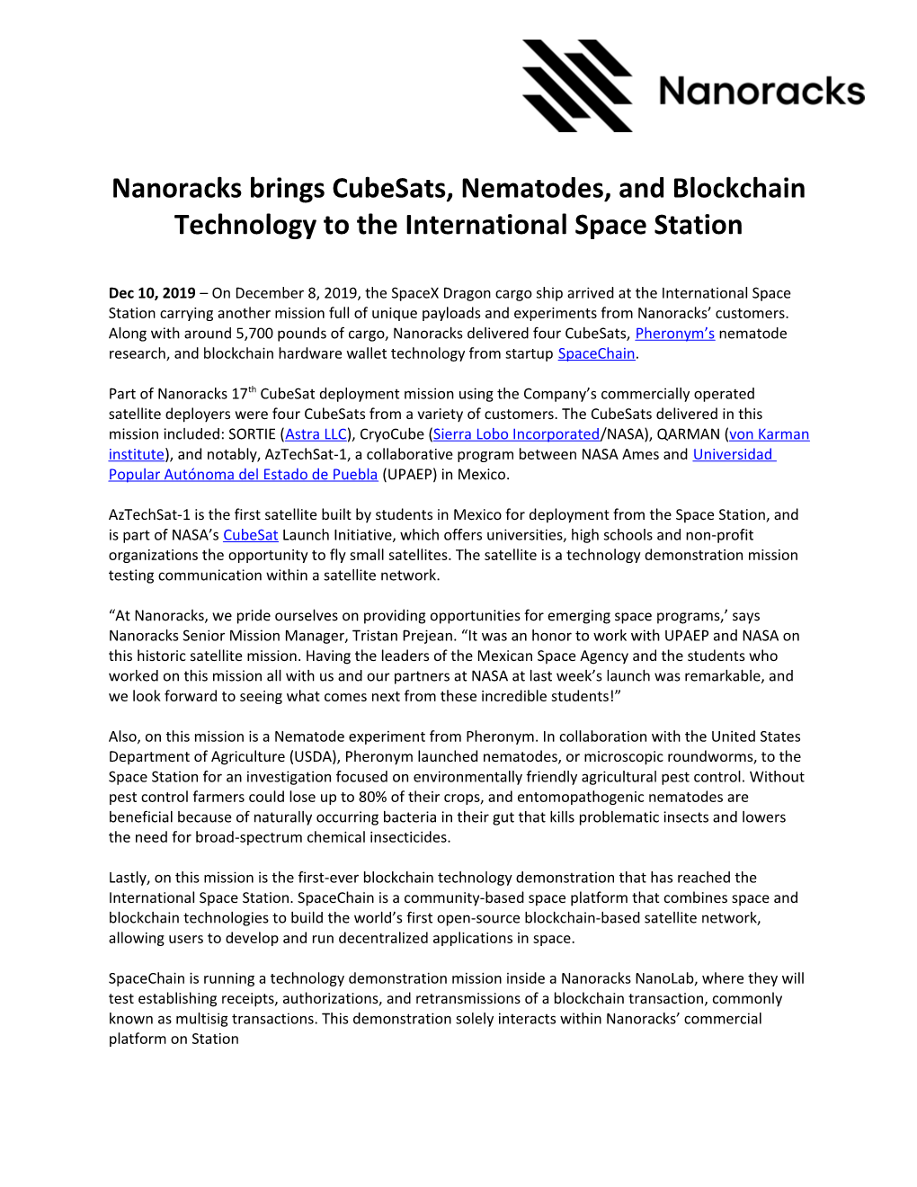 Nanoracks Brings Cubesats, Nematodes, and Blockchain Technology to the International Space Station